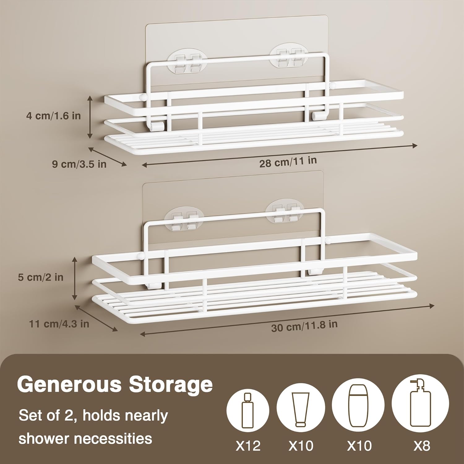 Thumbnail 1 de Saffruff Shower Caddy Bathroom Shelf Organiser – White 2-Pack with Adhesive Mounts