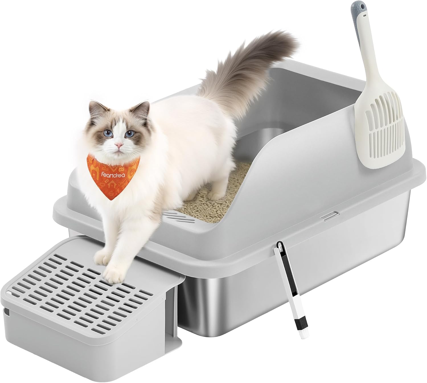 Thumbnail 6 de Feandrea Katzenklo aus Edelstahl mit hohen Seitenwänden, Trittstufe & Zubehör – für Katzen bis 15 kg, schiefergrau