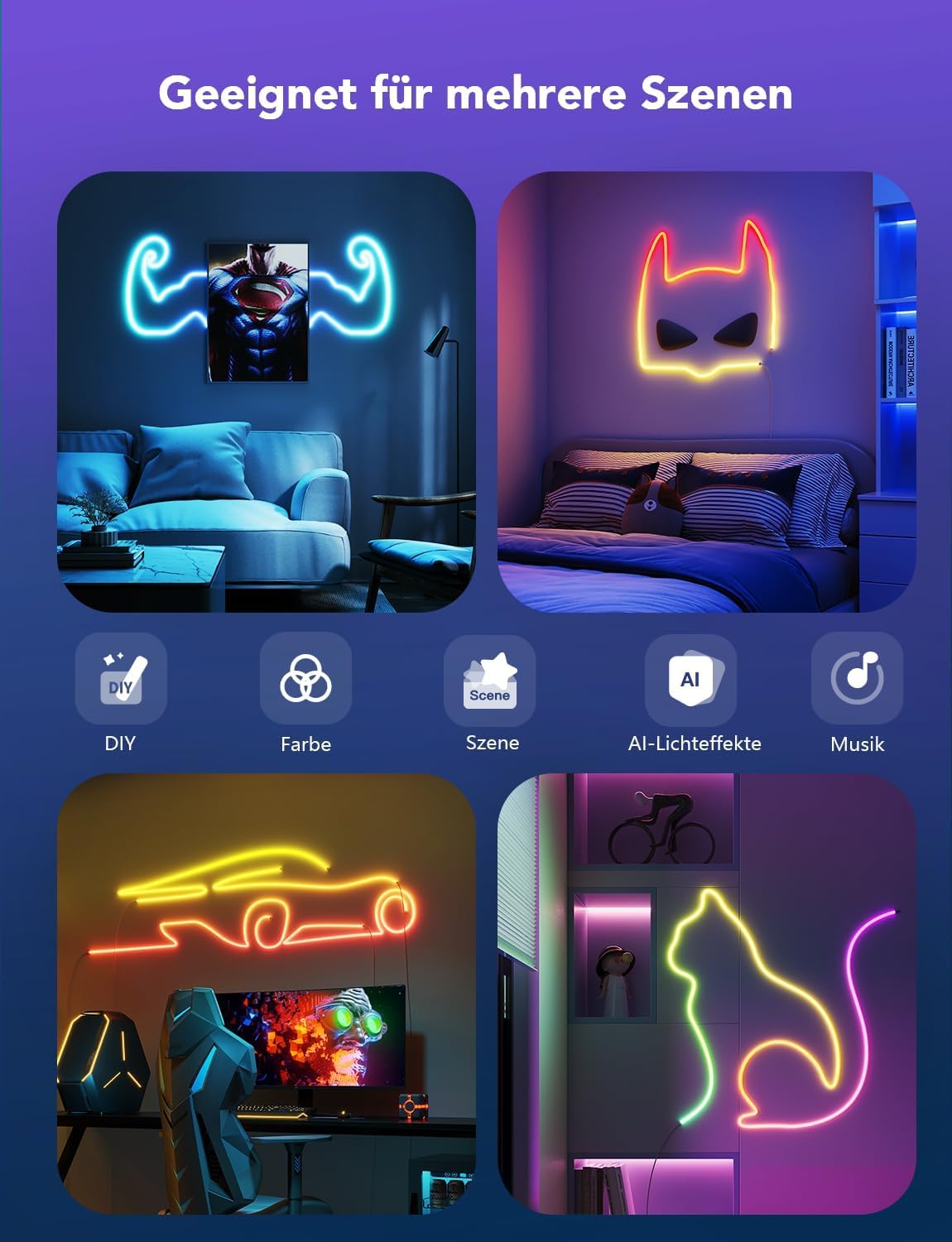 Detalle de Govee Neon Rope Light 2 – RGBIC Neon LED Strip 5 m mit Shape Mapping, kompatibel mit Matter, Alexa & Google Assistant