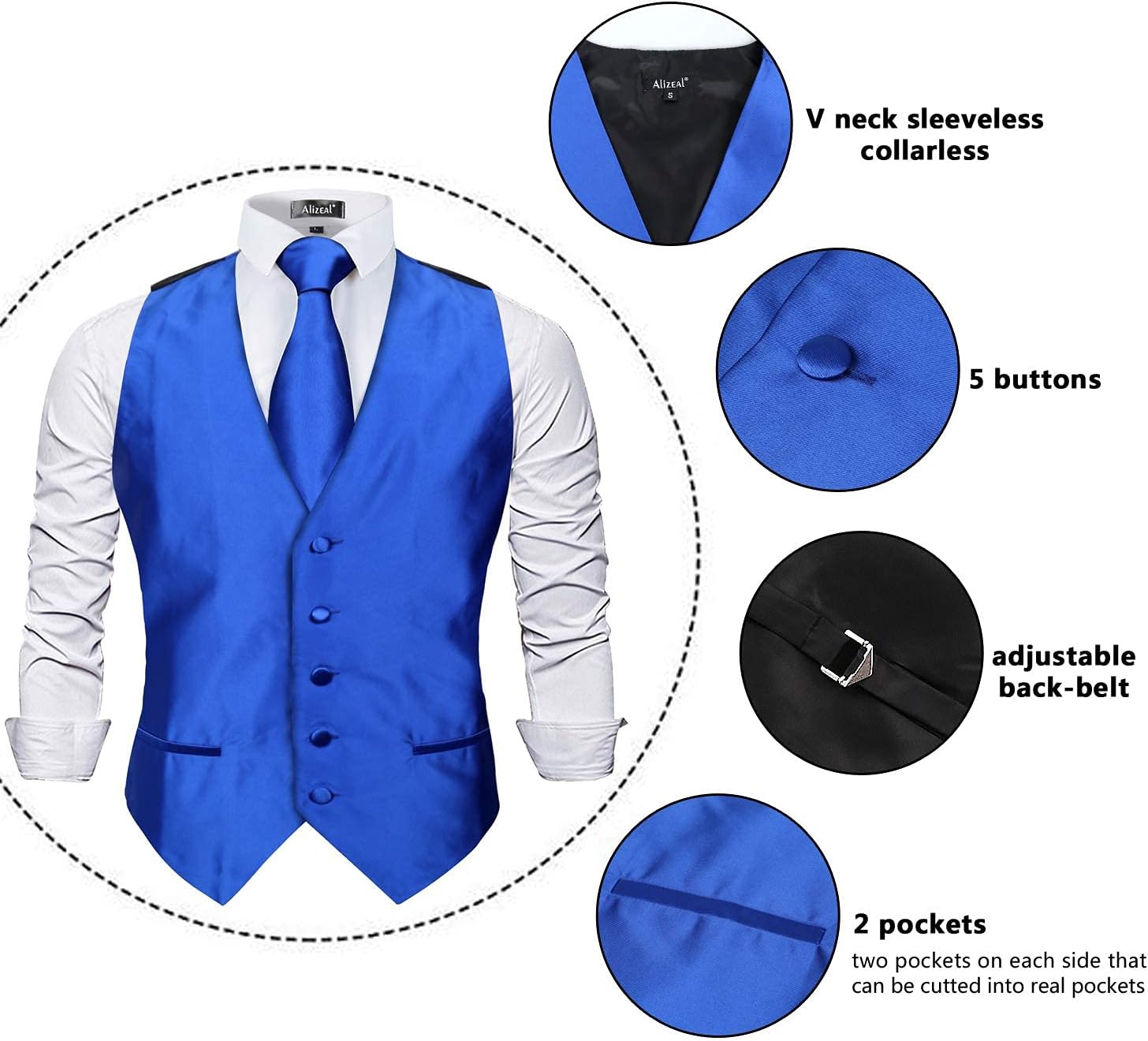 Thumbnail 3 de Alizeal Mens Classic 5 Pcs Solid Colour Satin Suit Vest Set