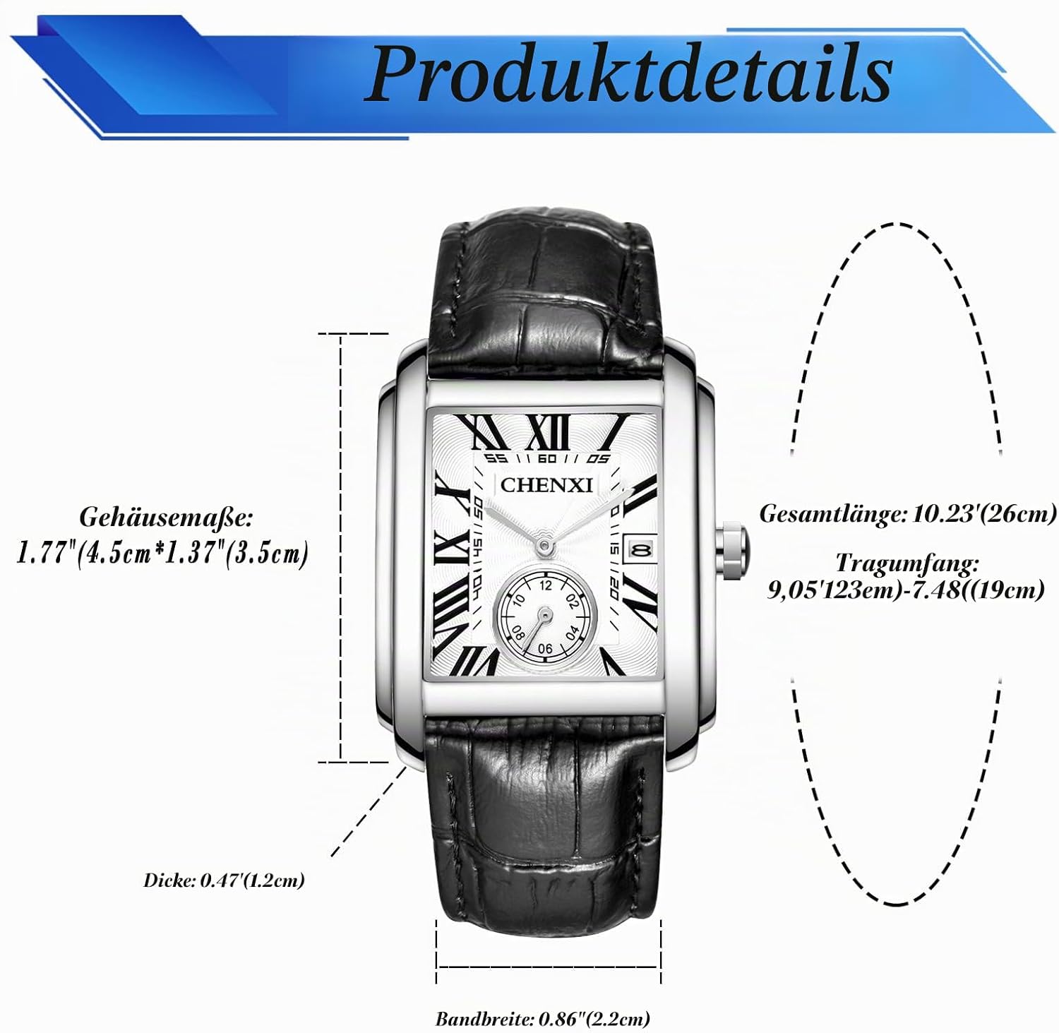 Detalle de JewelryWe Herren Uhr Analog Quarz Kalender – Rechteckiges Design, Lederarmband