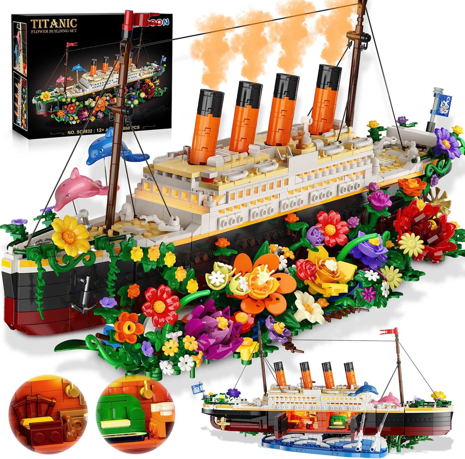 Detalle de INSOON Blumen Titanic Bauspielzeug mit Licht – 1.860‑Teile Titanic-Schiffsmodell