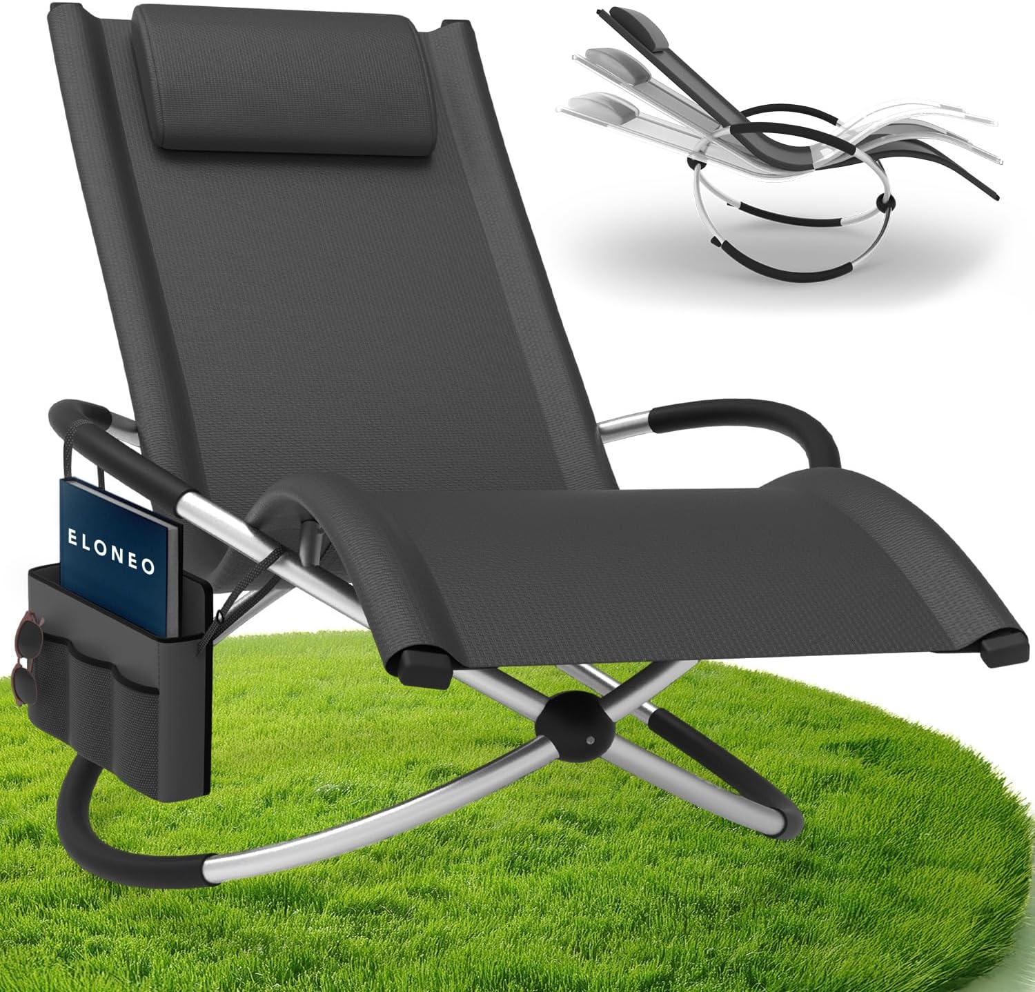 Detalle de ELONEO Chaise Longue à Bascule Extérieure avec Pochette – confort zéro gravité et matière résistante