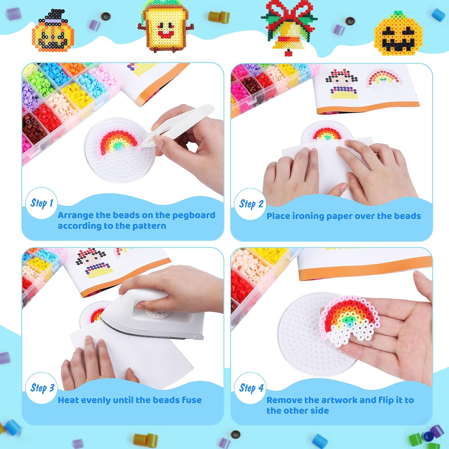 Detalle de Fuse Beads Kit (24 Colours, 5mm) with Pegboards, Tweezers, Ironing Papers & Keyrings