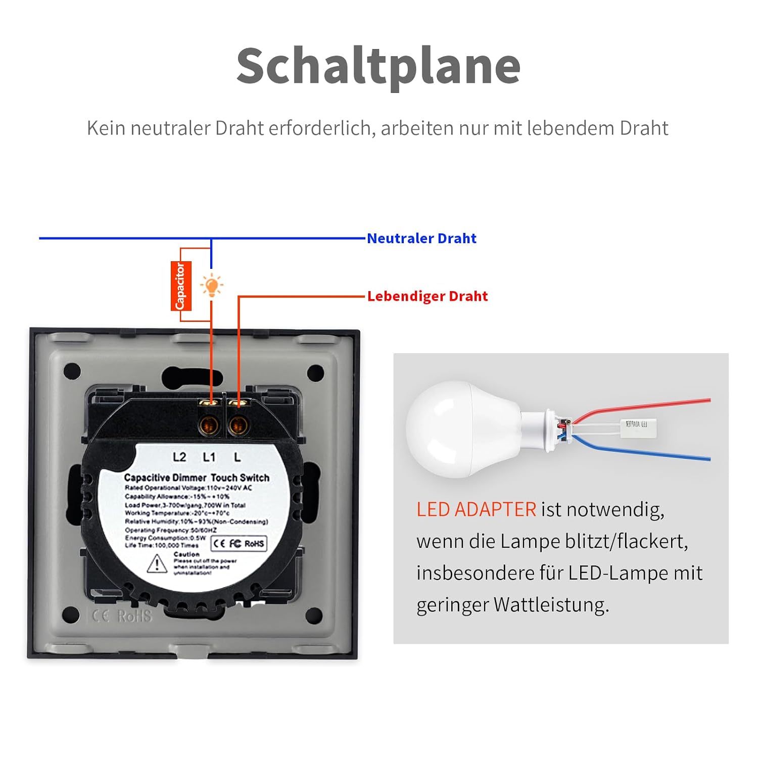 Detalle de LIAONFOY Normaler Touch Dimmschalter Unterputz (Glas-Touch, LED-Dimmer) 110–240V, 86 mm, schwarz