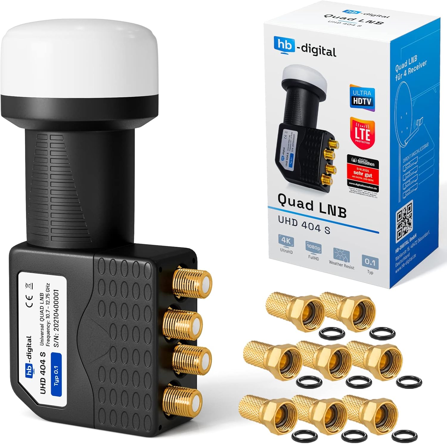 hb-digital Quad LNB – 4-fach-Quad-LNB mit LTE-Schutz, 0,1 dB Rauschmaß und Wetterschutz