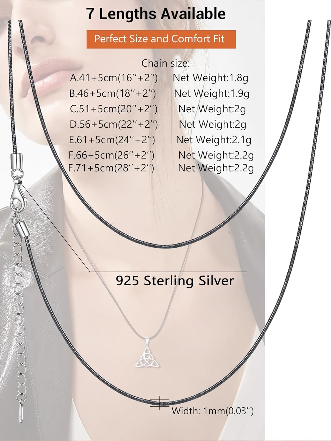 Thumbnail 4 de PROSILVER Collier Cuir Noir avec Fermoir Argent 925 – Longueurs 41 à 71 cm, cordon fin