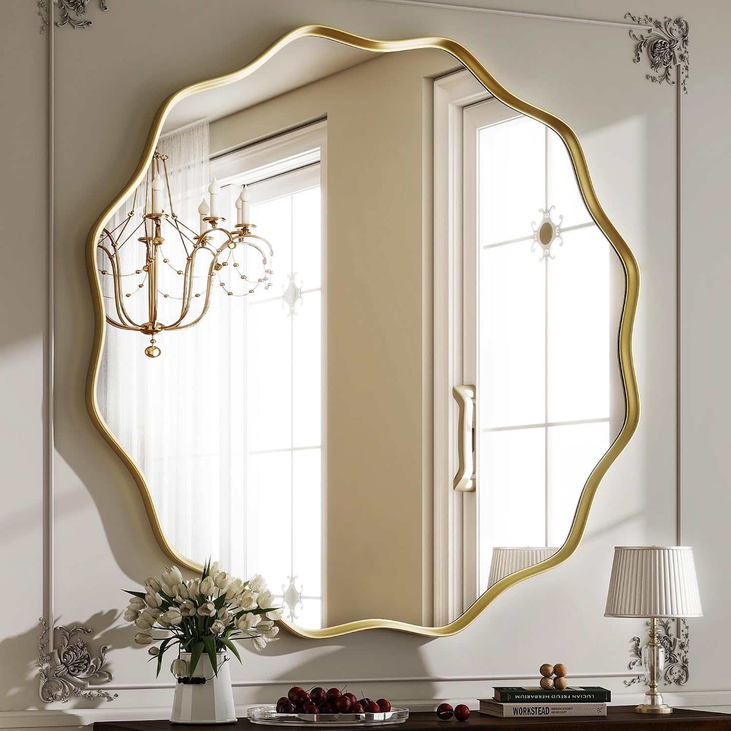 Detalle 1 de HARRITPURE 24" Gold Scalloped Round Wall Mirror with Aluminium Frame