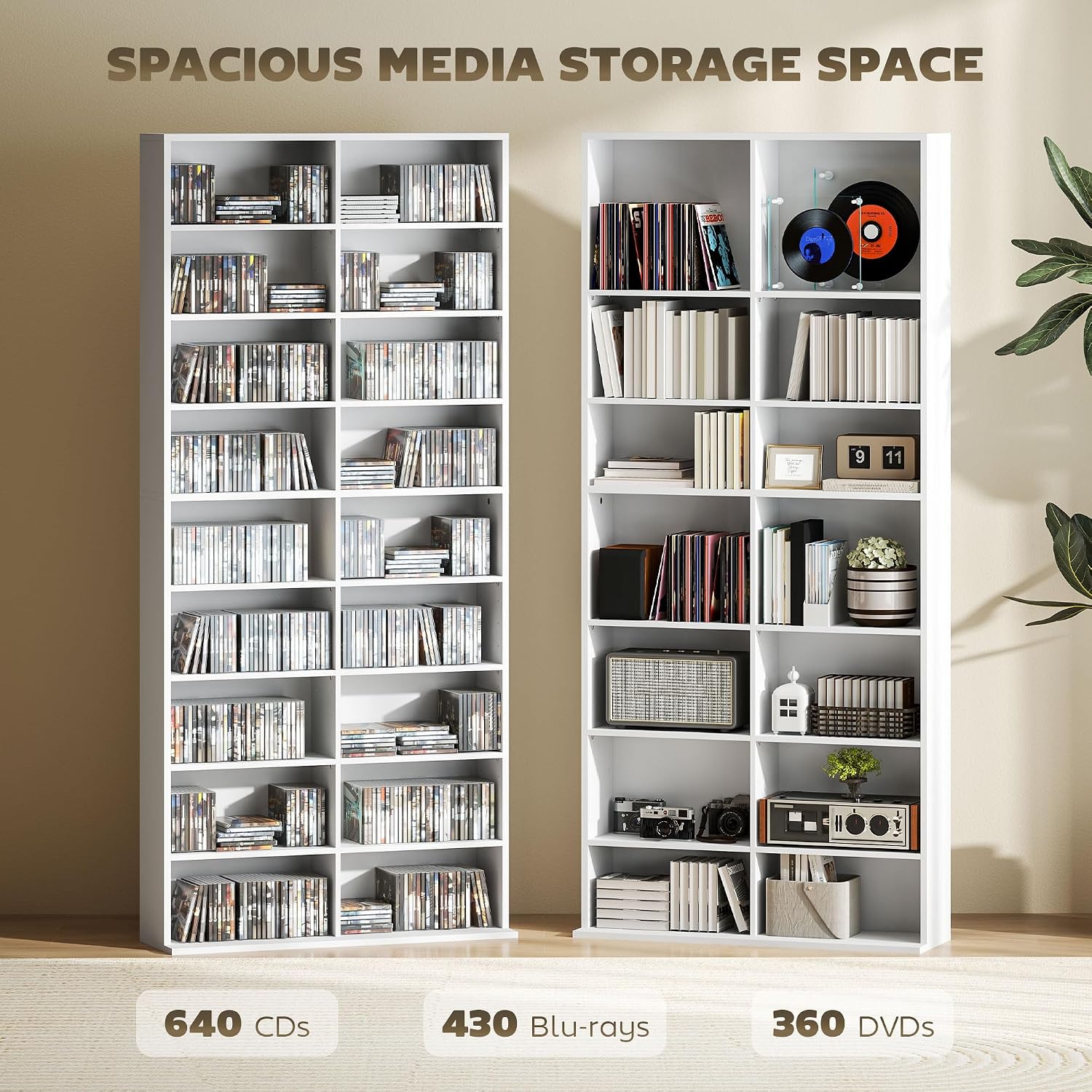 Detalle de HOMCOM 836-599V00WT Media Storage Unit, 640 CDs/360 DVDs, 14 Adjustable Shelves