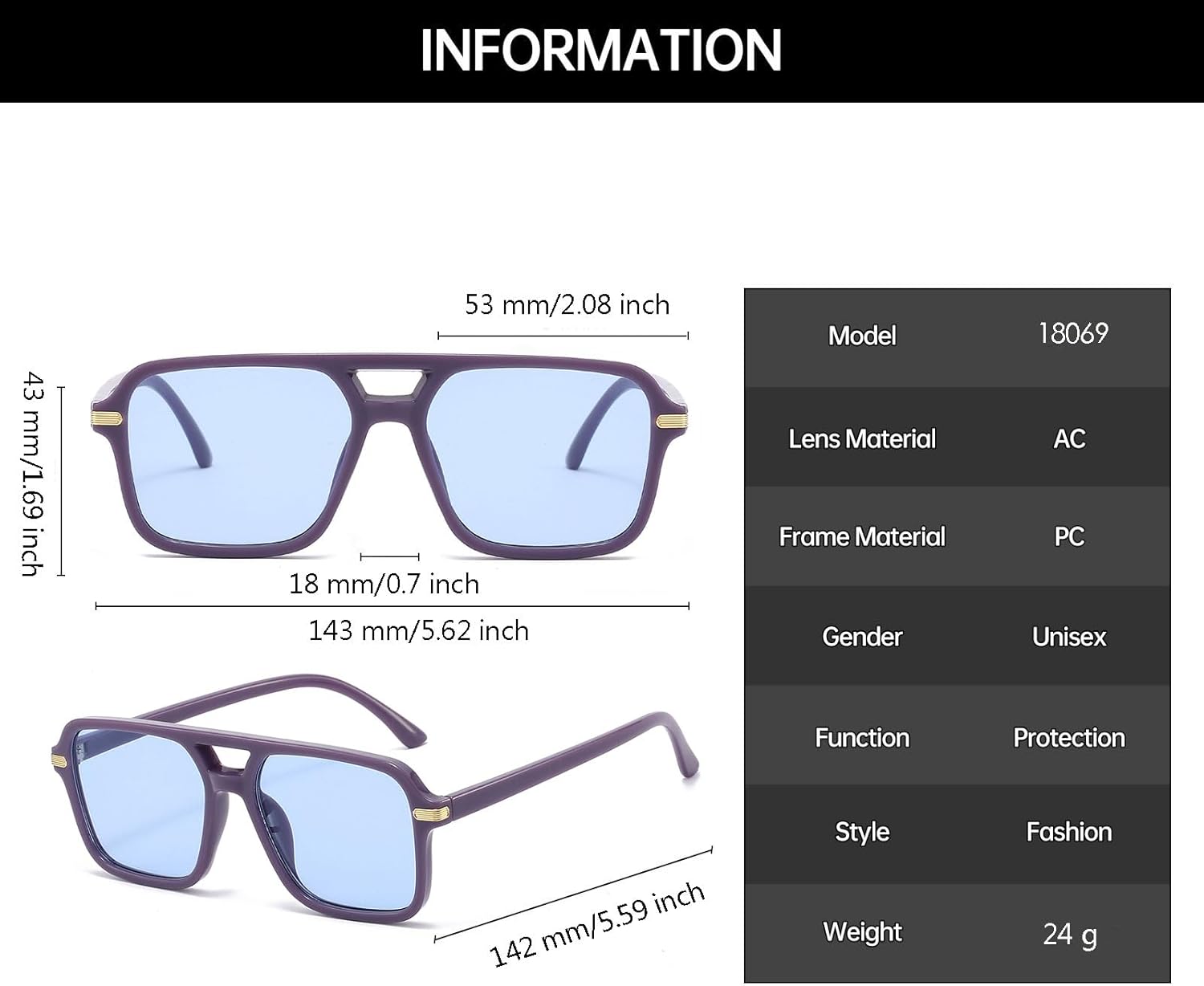 Thumbnail 3 de YAMEIZE 70er Rechteck Sonnenbrille mit Doppelbrücke – UV400, polarisiert
