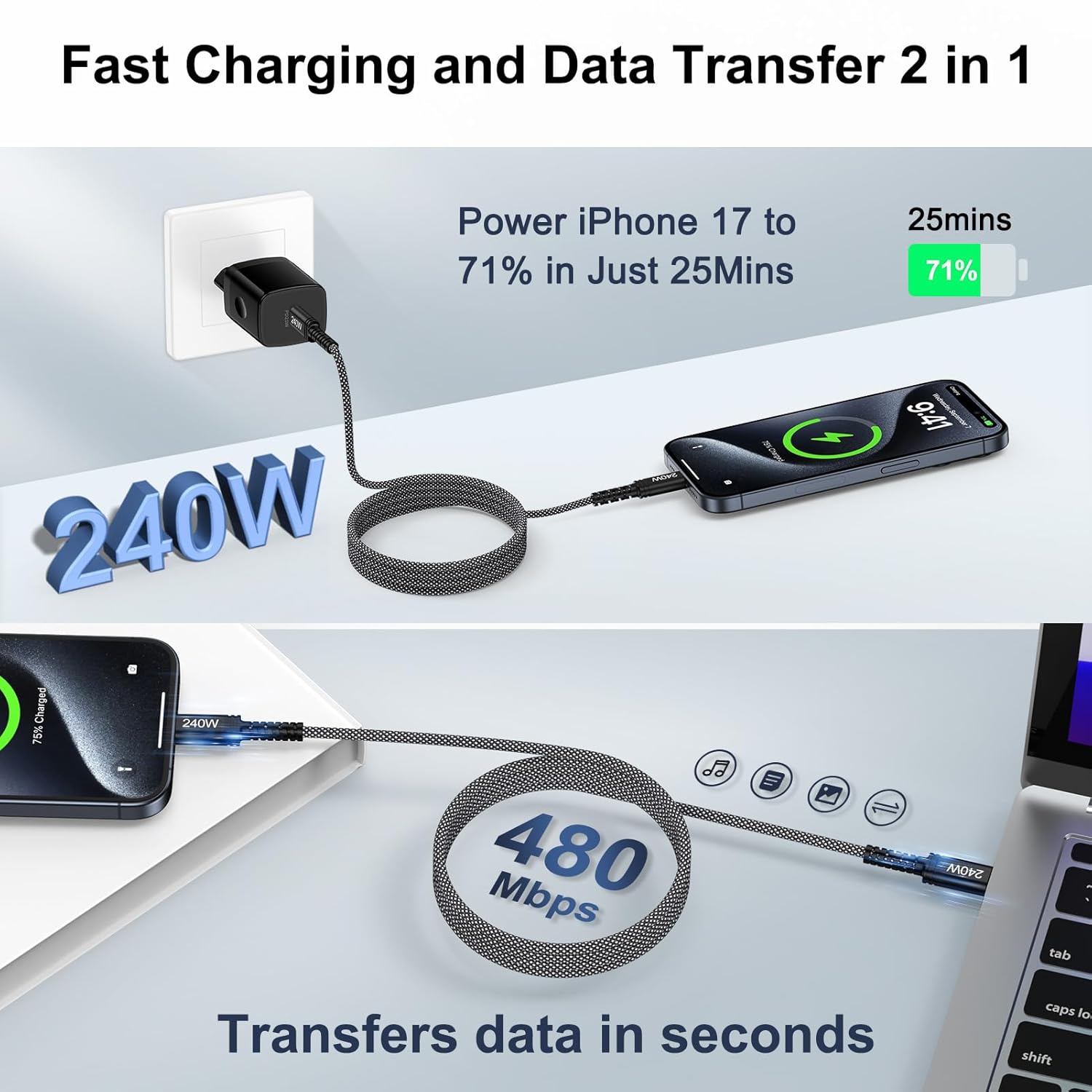 Thumbnail 2 de GiGreen 240W USB-C to USB-C Charger Cable (2 Pack) – 6FT / 1.8M, PD Fast Charge for MacBook Pro/Air, iPhone 15/16/17, Galaxy S25, Switch & more