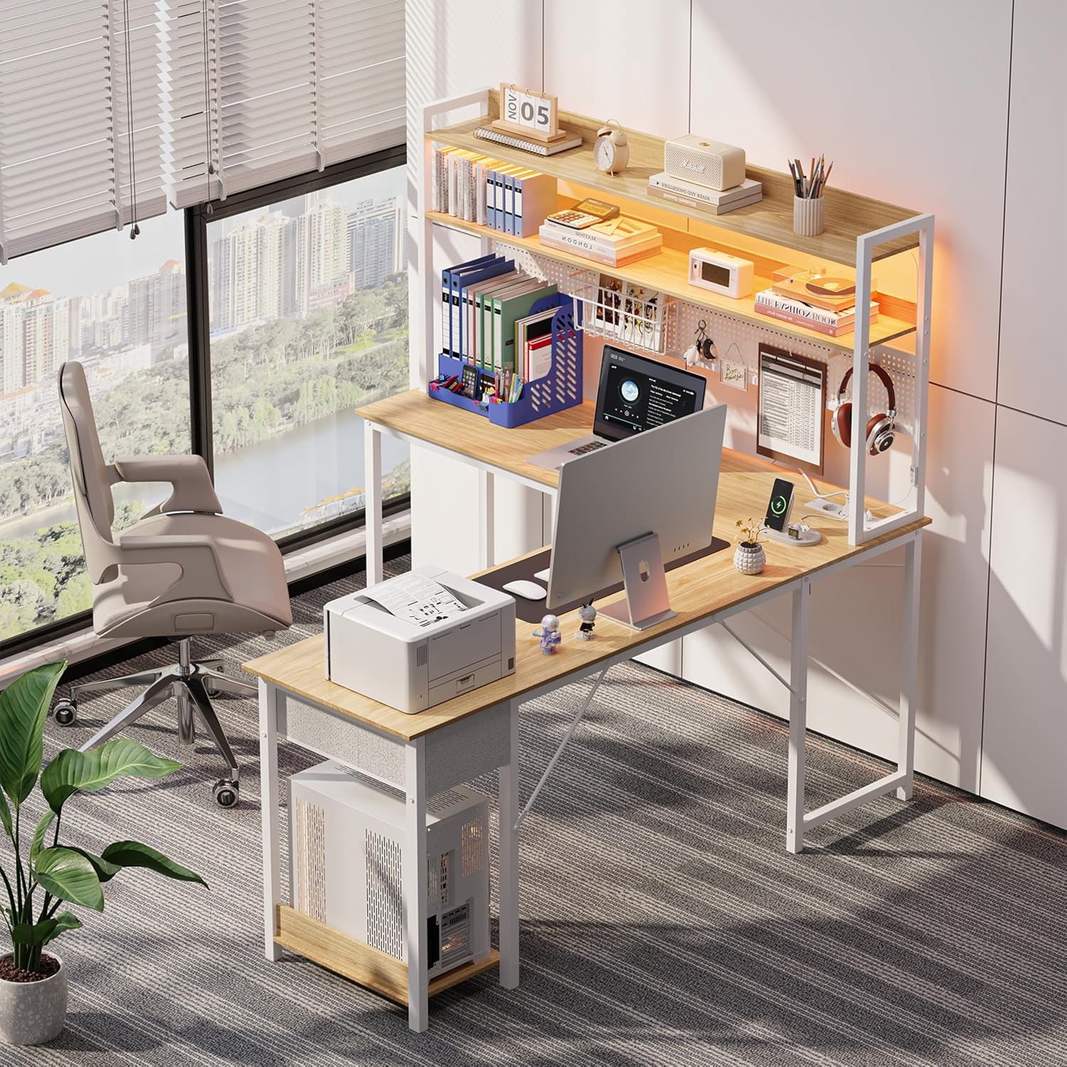 Thumbnail 3 de YOUDENOVA Scrivania Gaming con Pannello Forato, Libreria e LED RGB – Angolare reversibile, 155x100x152 cm, Legno Bianco