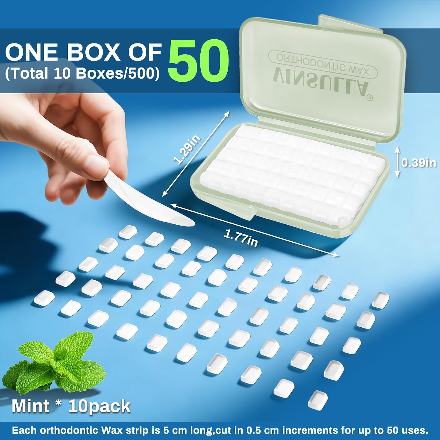 Detalle 2 de VINSULLA Orthodontic Wax, 500 Mint Pre-Sized Dots in 10 Packs