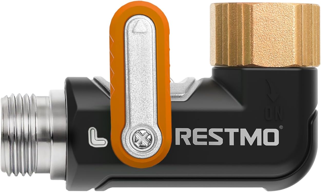 Detalle de Restmo O-HS-1A90-OG 90-Degree Hose Elbow with Shut-Off Valves, 3/4-Inch GHT