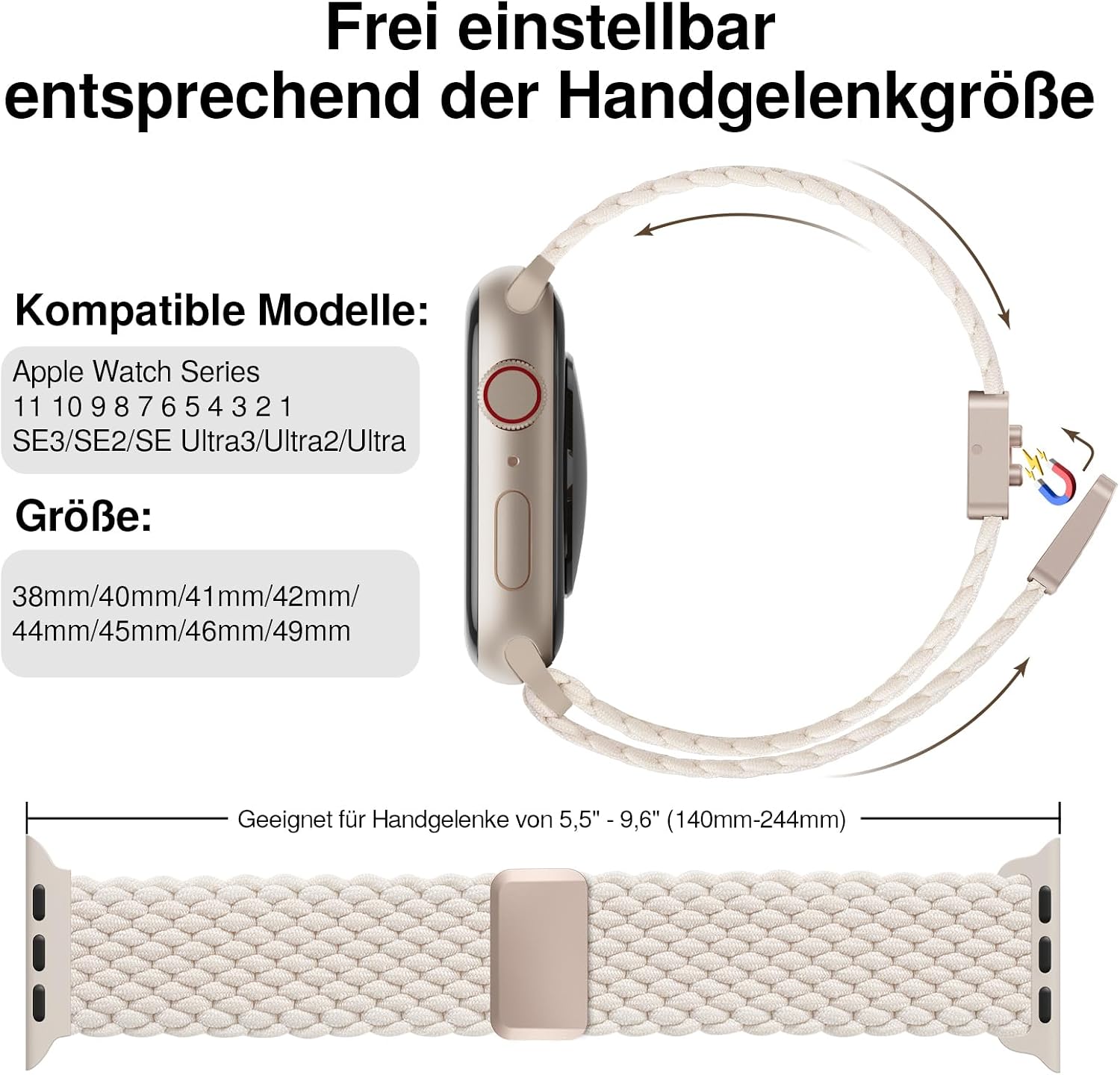 Detalle de Braided Nylon Magnetic Apple Watch Strap – Universal 38–49mm, for iWatch Series 1–11, SE and Ultra