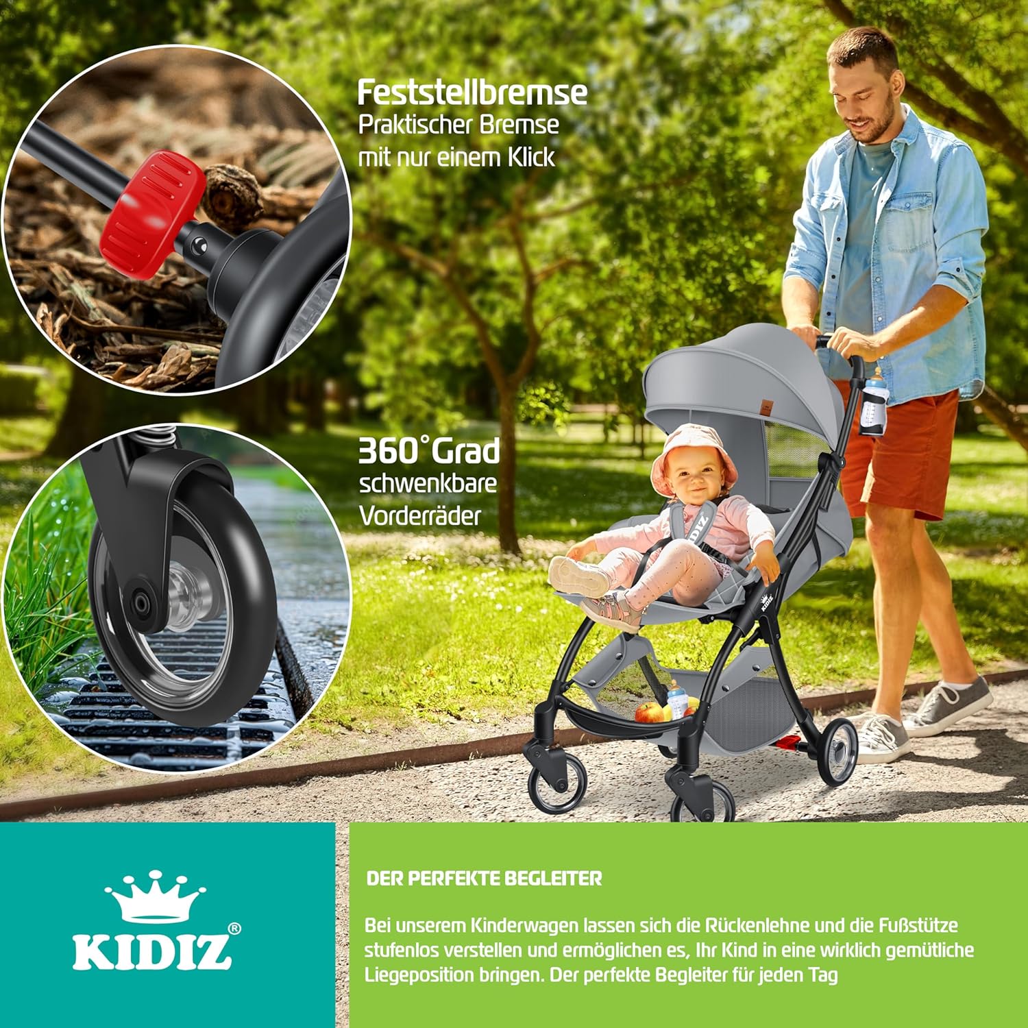 Detalle de KIDIZ® Premium Kinderwagen – kompakter, faltbarer Liegebuggy mit 360° Rädern, 5-Punkt-Gurt & Regenabdeckung