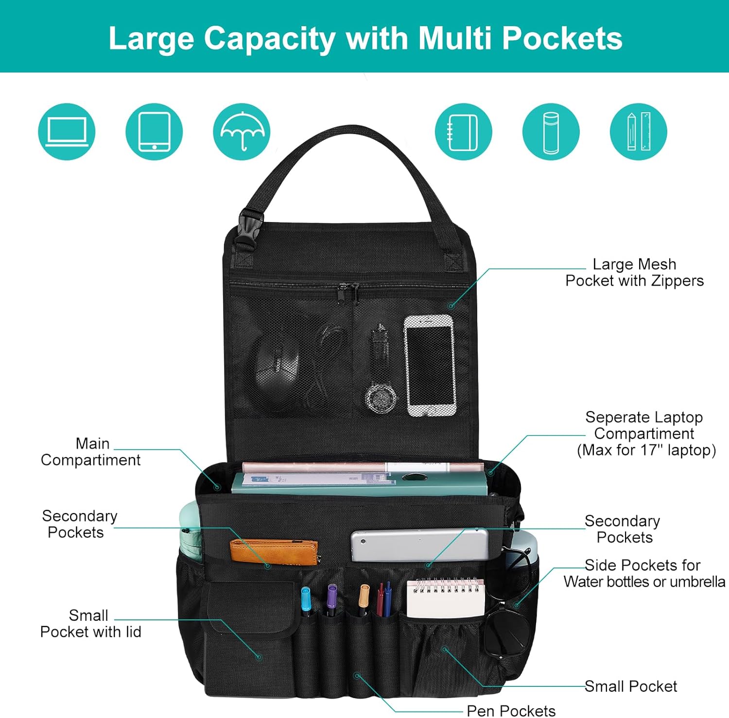 Thumbnail 5 de Eurhomewit Autositz Organizer Vordersitz 2 in 1 – Laptopfach, Schwarz