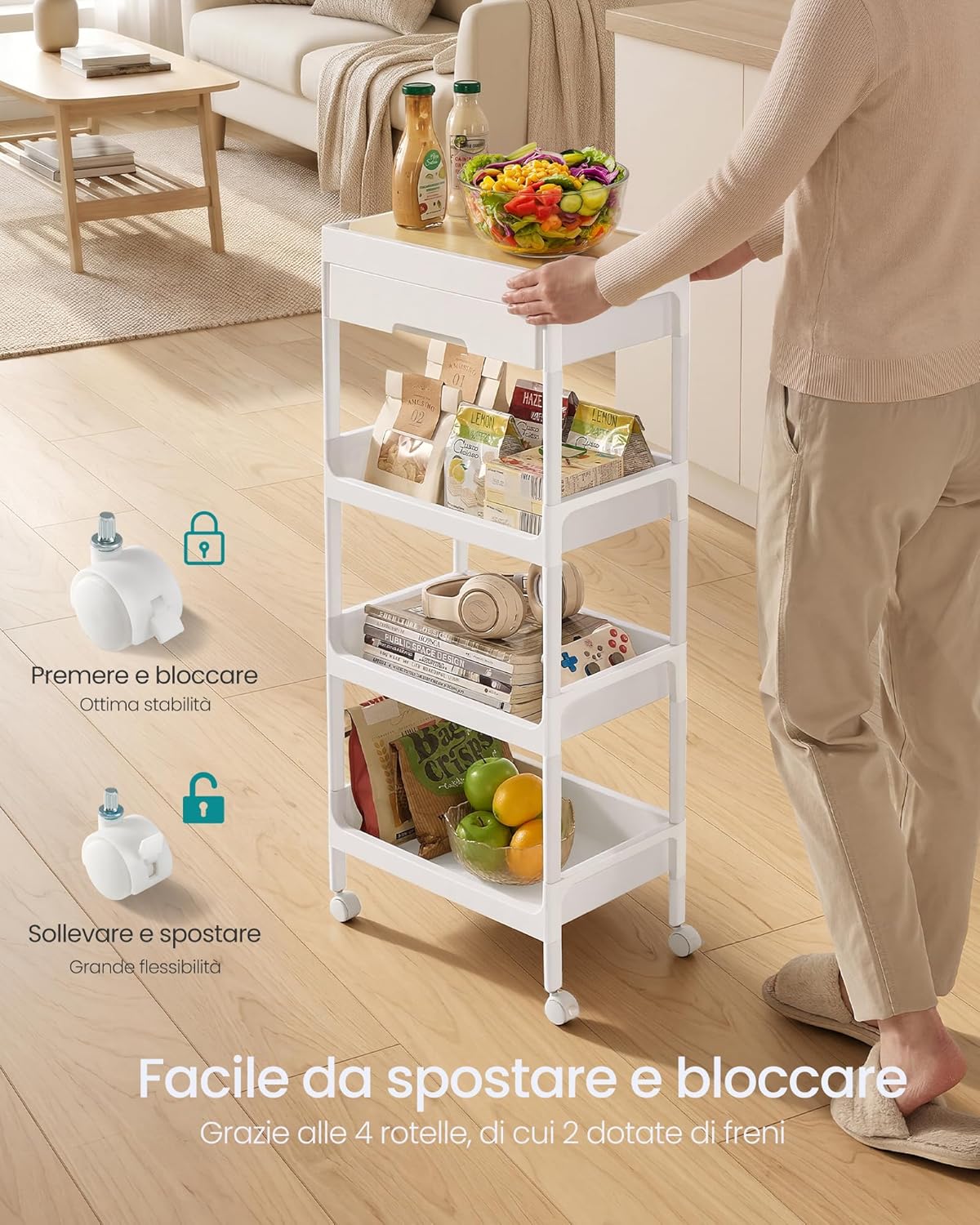 Detalle de SONGMICS Carrello a 4 Ripiani BSC070W101: praticità su ruote per cucina, bagno e lavanderia