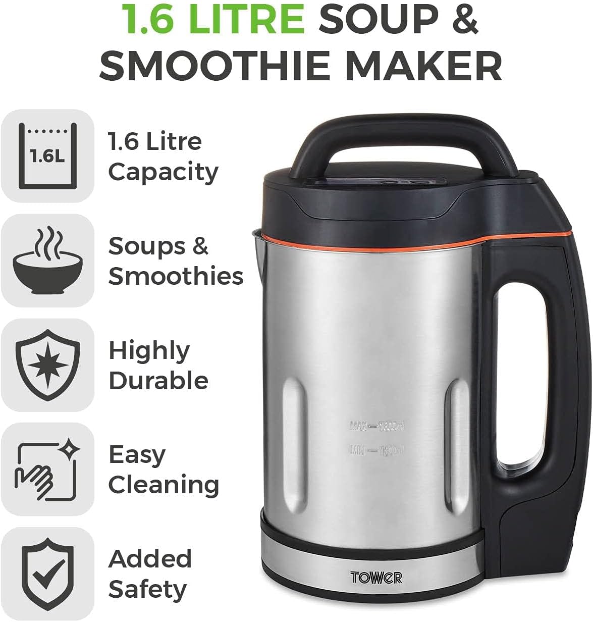 Thumbnail 1 de Tower Soup & Smoothie Maker with Intelligent Control System and Stainless Steel Jug (1.6 L, 1000W, T12031)