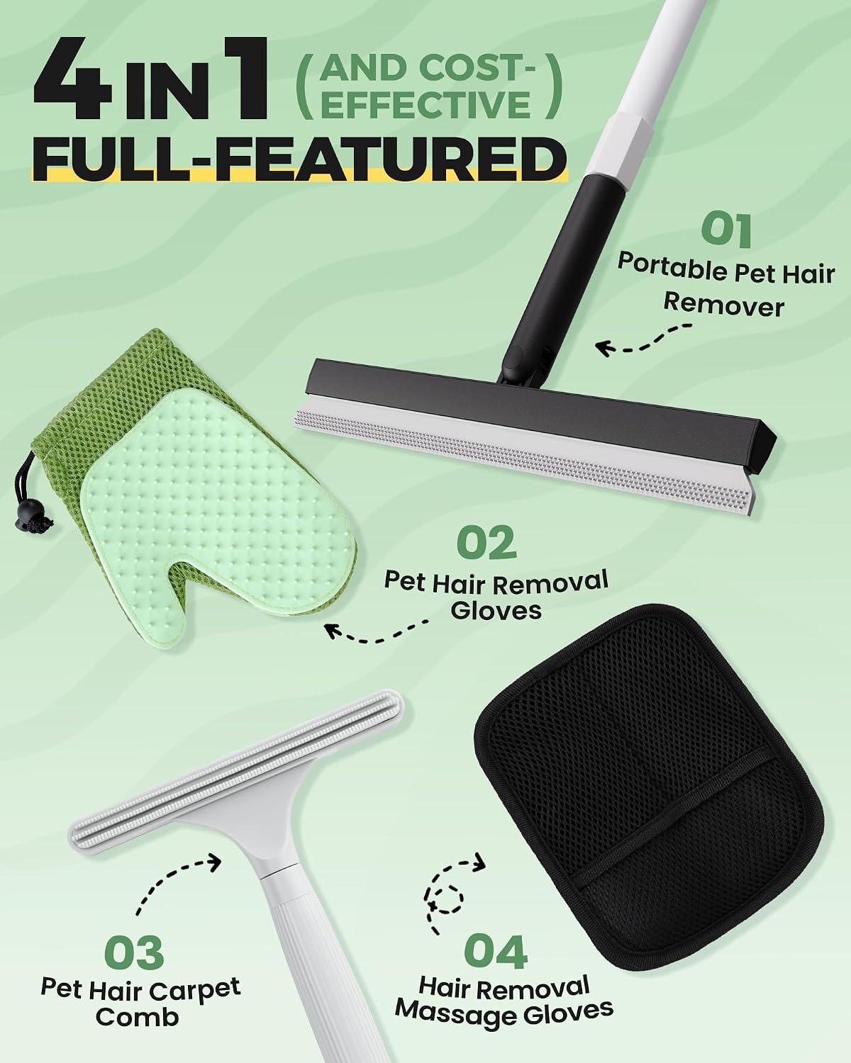 Detalle de Carpet Rake Kit for Pet Hair Removal: 4‑in‑1 Tool with 60" Adjustable Rubber Broom