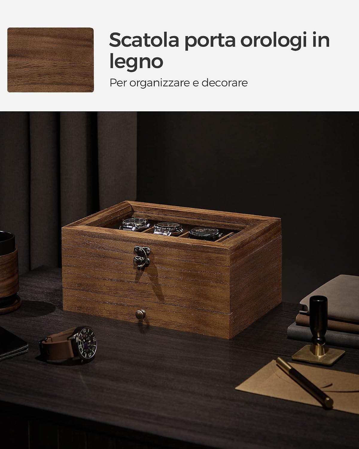 Detalle de SONGMICS GISELLA Collezione Scatola per Orologi con 8 Scomparti, Noce Rustico, 2 Livelli con Coperchio in Vetro