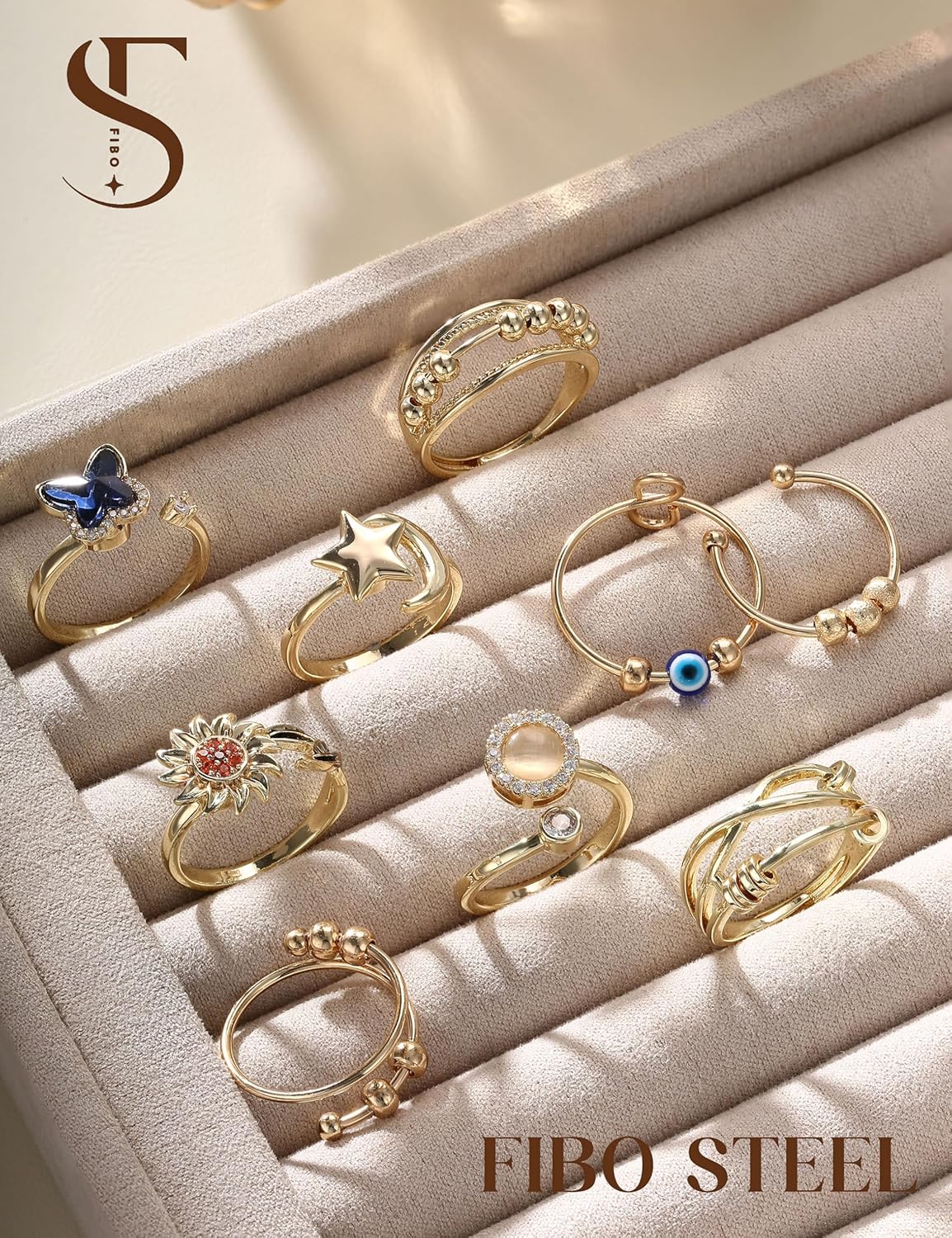 Thumbnail 6 de FIBO STEEL 9-Pcs Fidget Anxiety Rings – Adjustable Open Spinner Rings with CZ Details