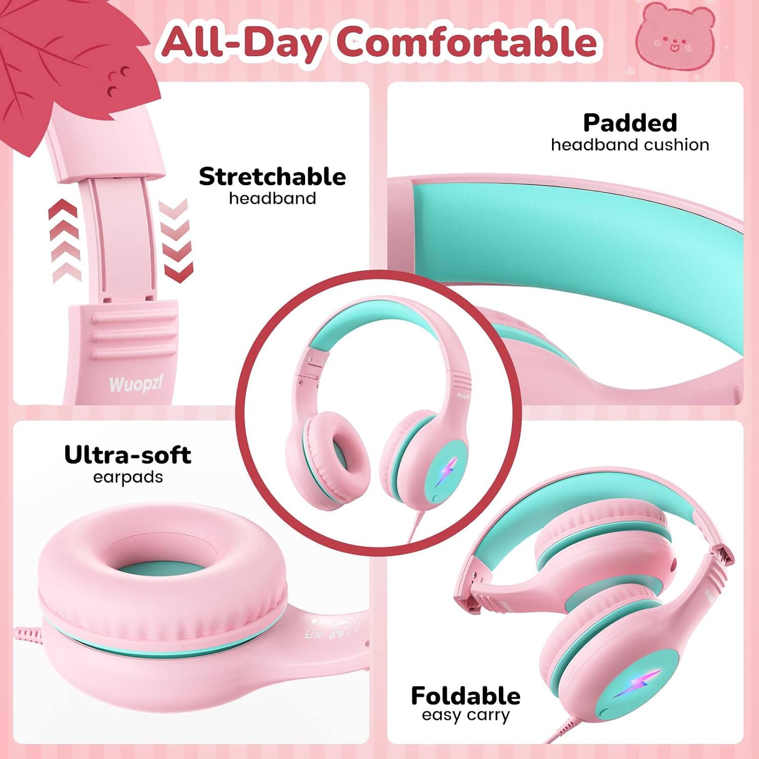 Detalle de Wuopzf Kids USB-C Over-Ear Headphones with Volume Limiter, Mic & LED Lights (Pink) – Foldable School Set