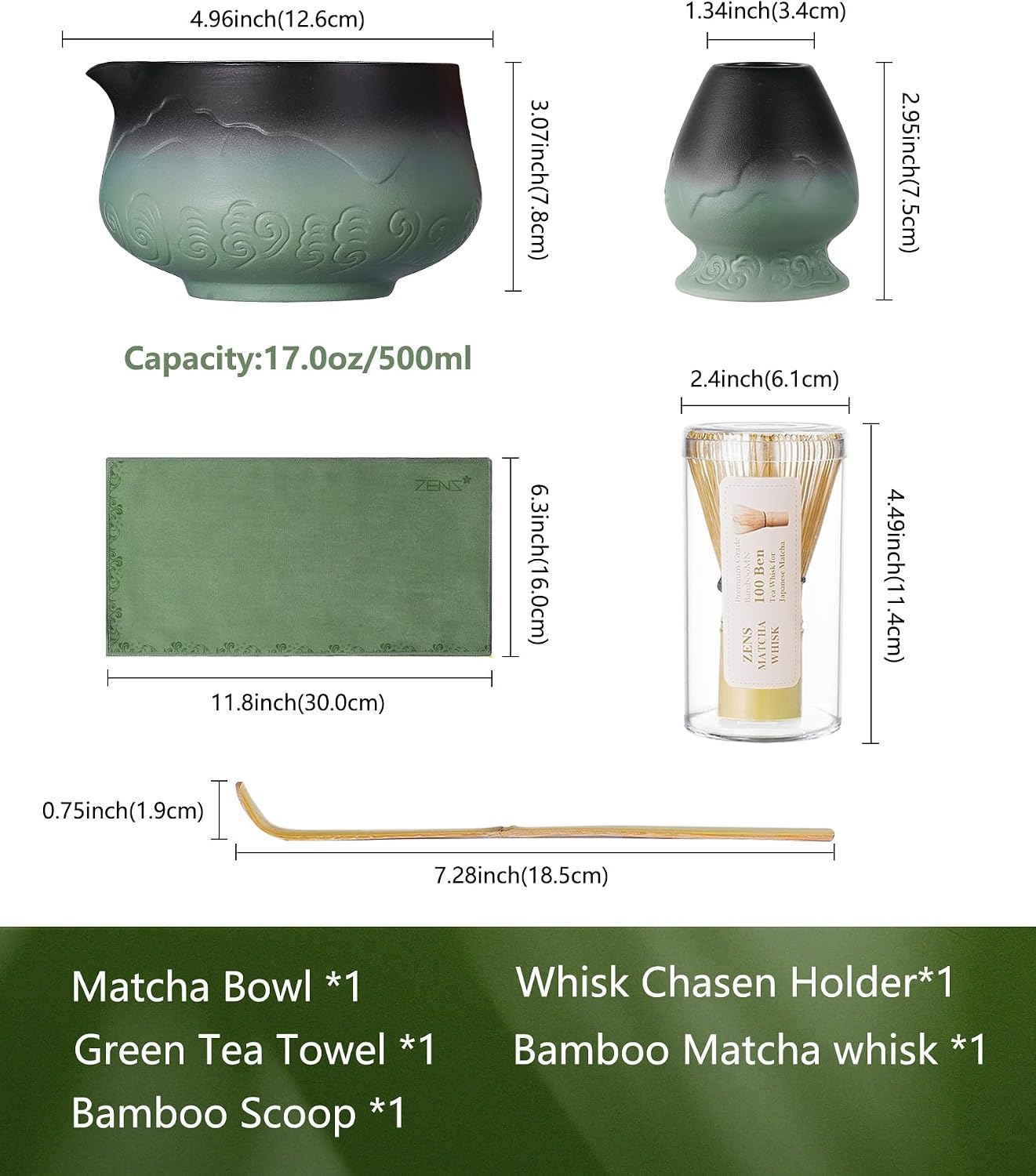 Detalle 2 de ZENS Matcha Tea Set with Bamboo Whisk (5pc) – Sage Green Ceramic Bowl, Chasen Holder, Scoop & Towel