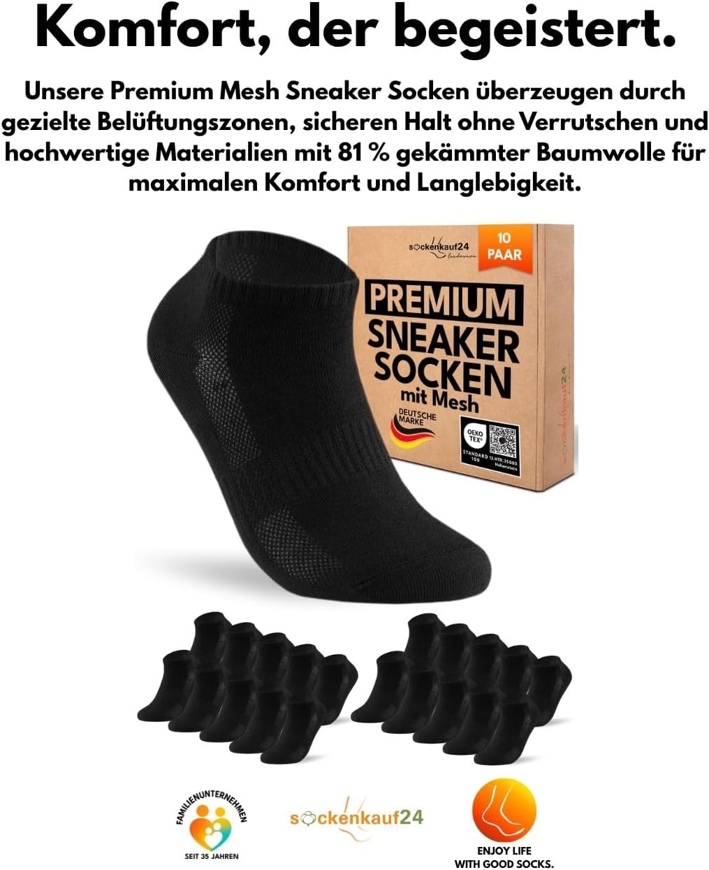Detalle 2 de Sockenkauf24 10 Paar Sneaker Socken Herren Damen Baumwolle mit Mesh-Streifen – atmungsaktiv und langlebig