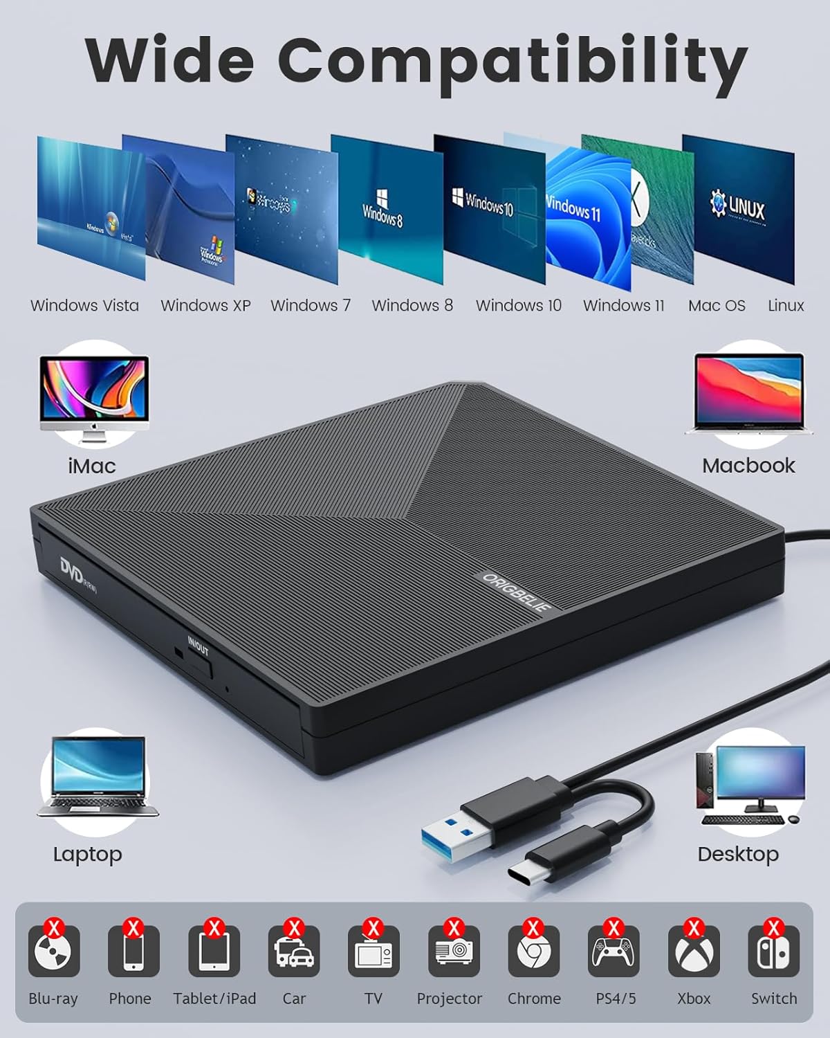 Thumbnail 3 de ORIGBELIE Masterizzatore DVD Esterno: Versatilità Portatile con USB 3.0 e USB-C