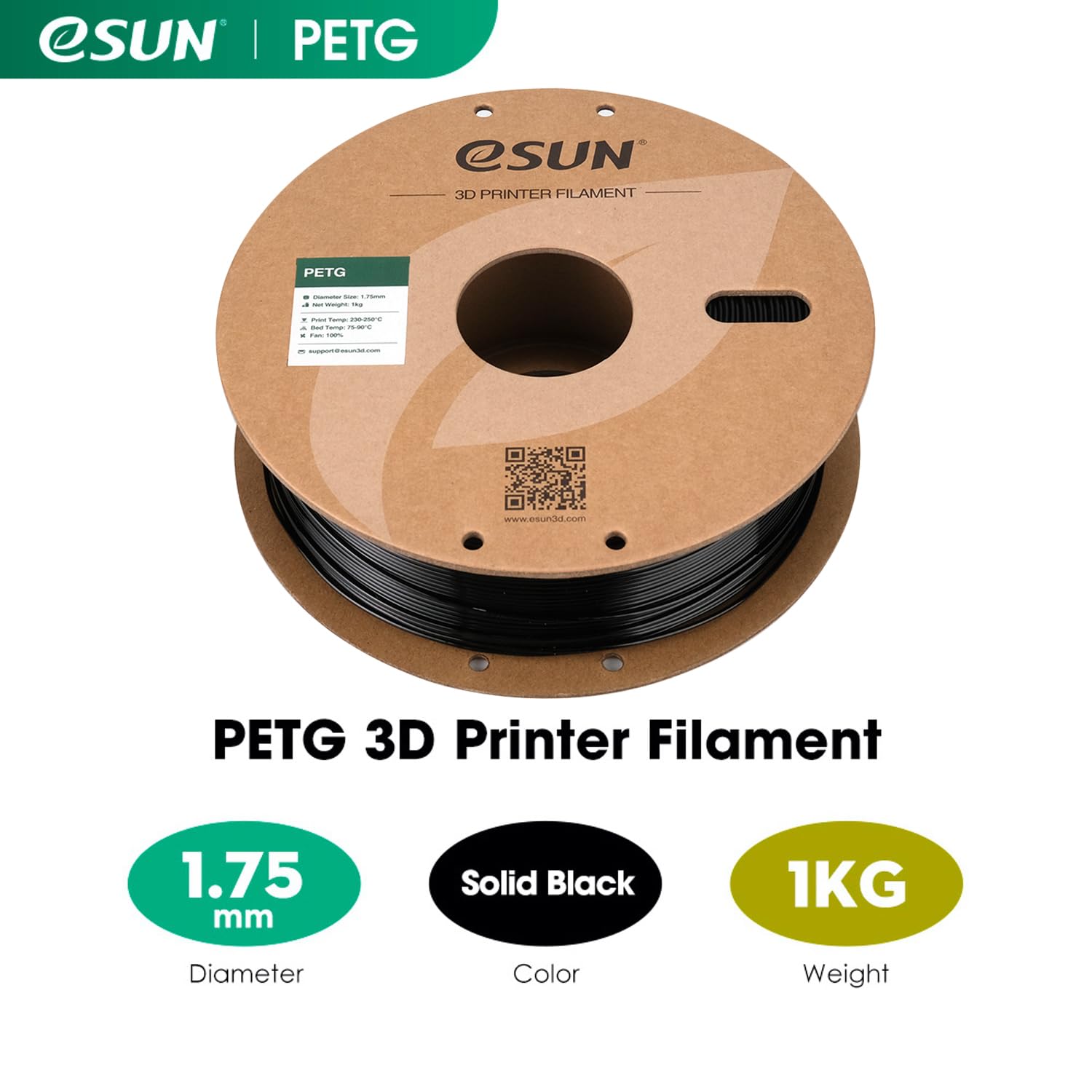 Thumbnail 1 de eSUN Filament PETG 1,75 mm noir solide (bobine 1 kg) pour imprimante 3D