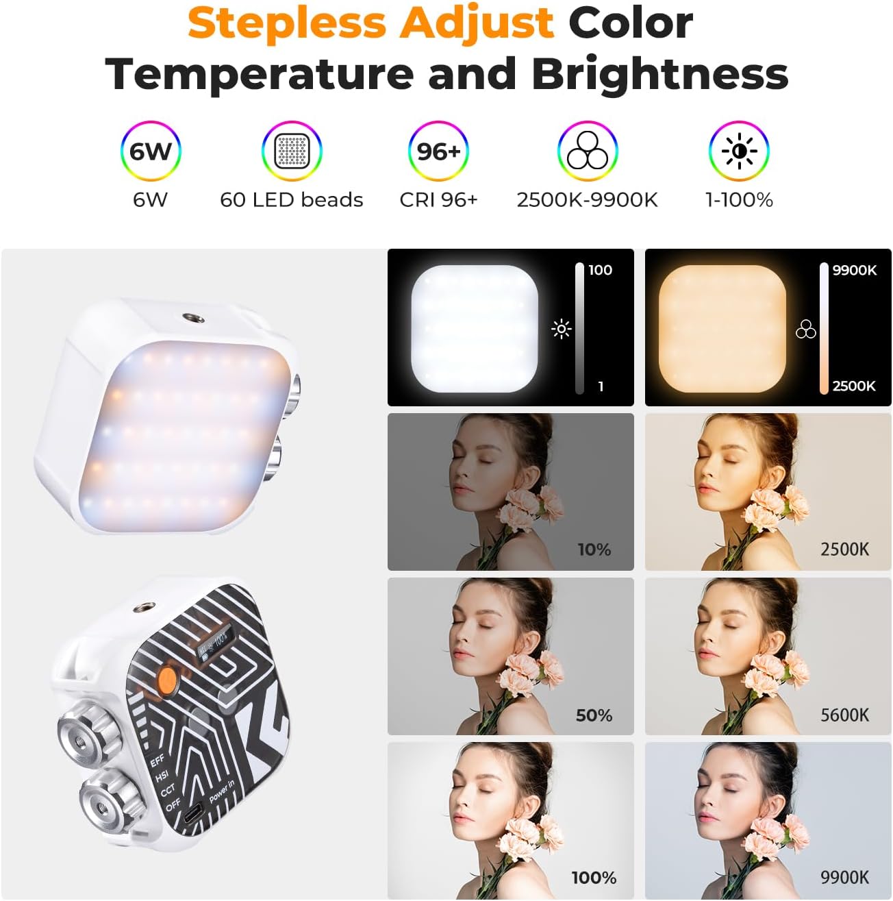 Detalle 2 de K&F CONCEPT RGB Video Light with 21 effects (360° full colour) 2500K–9900K, CRI 96+