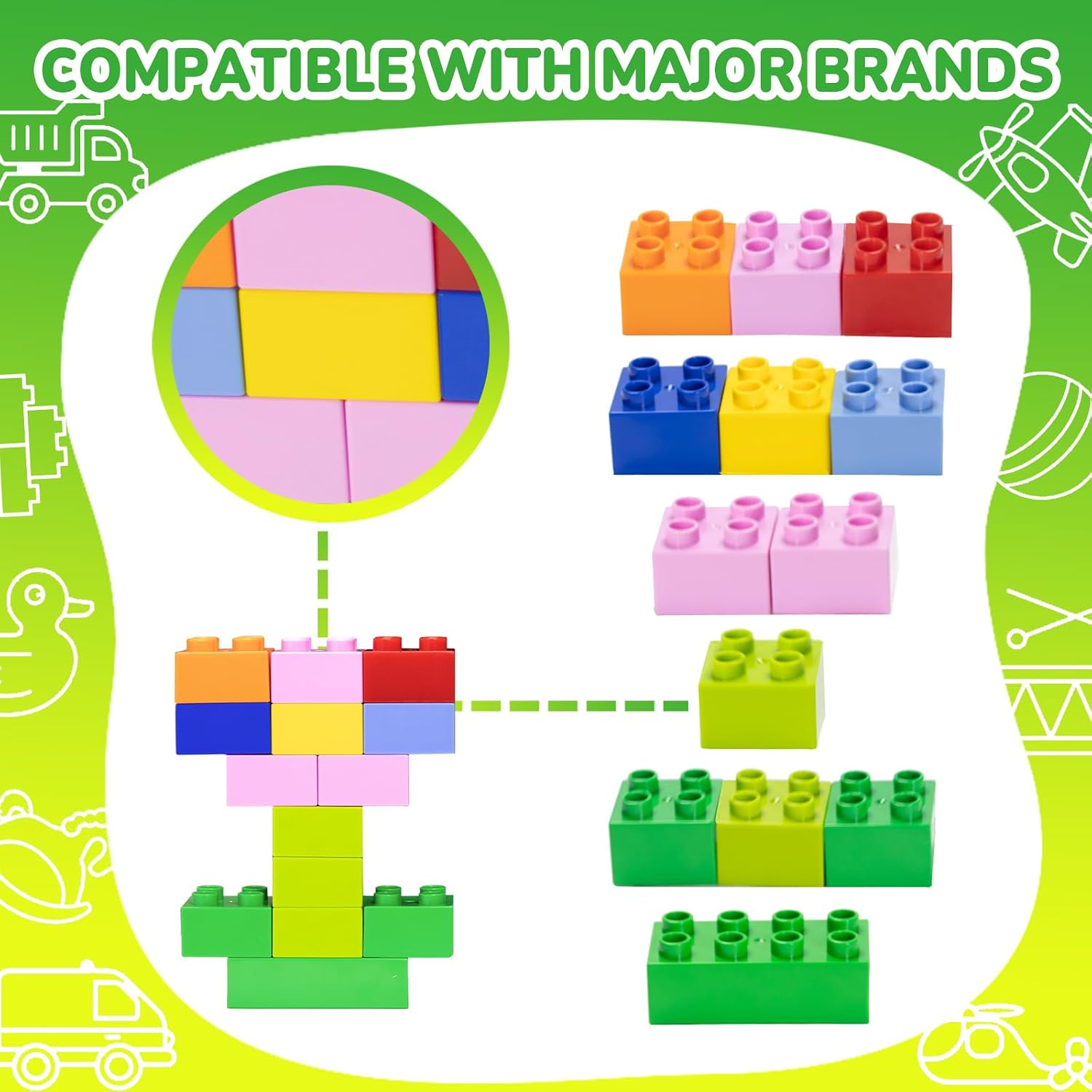 Detalle de Mirthben Große Bausteine Set (200 Stück) mit 2 Formen und 8 Farben – kompatibel mit Duplo & führenden Marken
