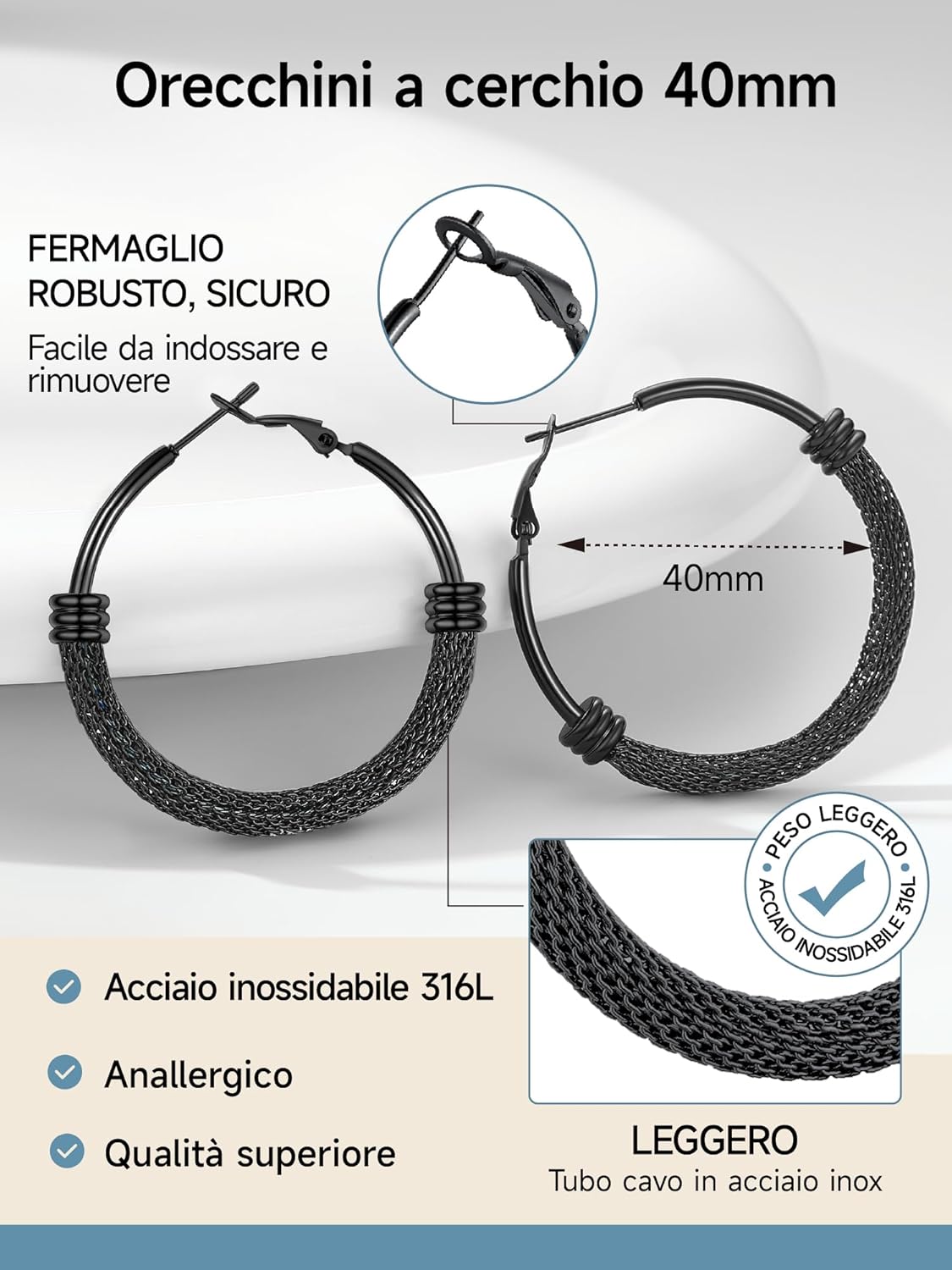 Thumbnail 4 de PROSTEEL orecchini a cerchio larghi in acciaio inox 316L nero da 40 mm con confezione regalo