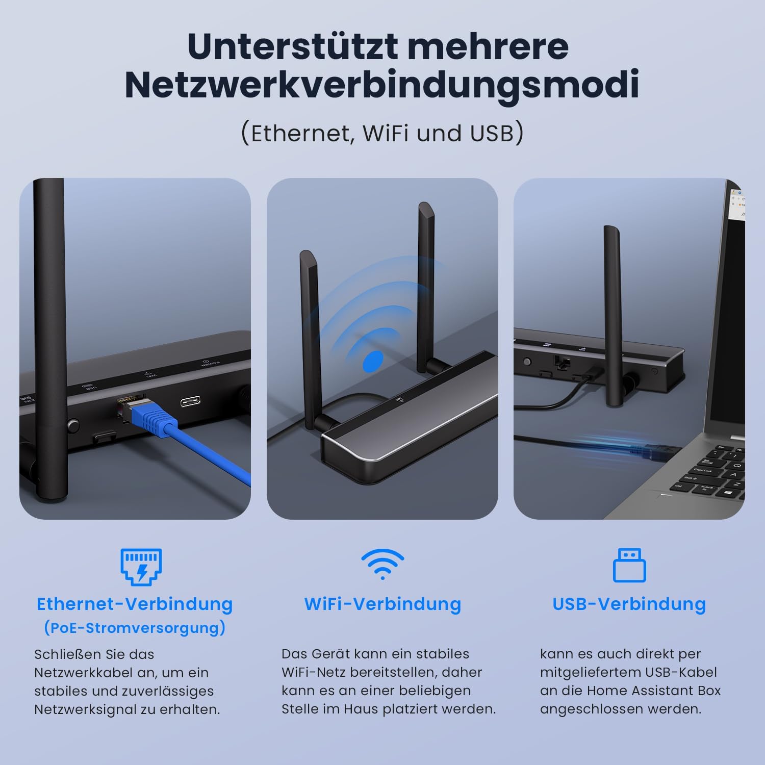 Detalle de AVATTO Zigbee 3.0 PoE Dongle Gateway für Home Assistant & Zigbee2MQTT – Wi‑Fi, USB, Ethernet, PoE oder USB‑C