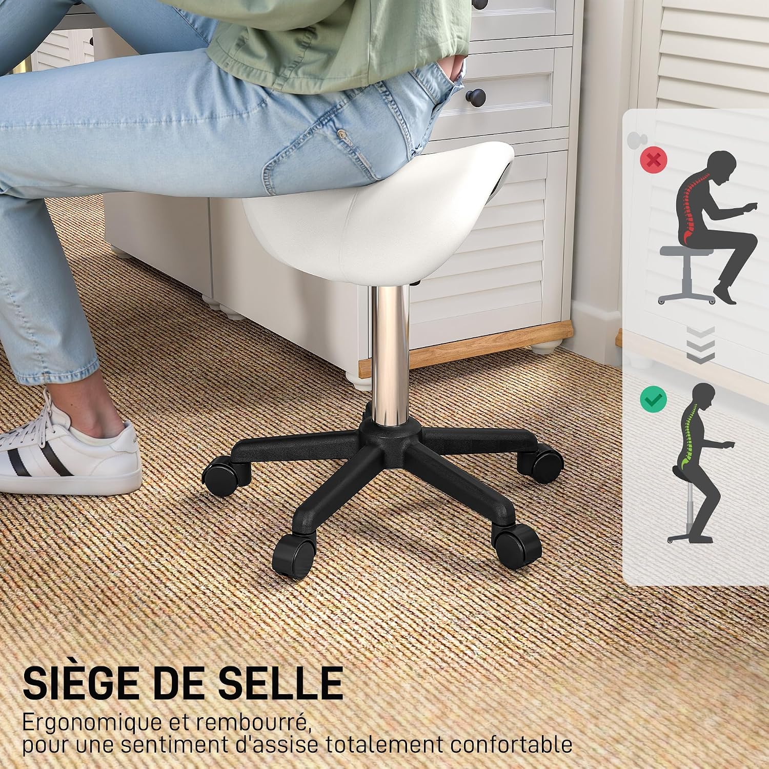 Detalle 1 de HOMCOM 503-021V00WT zadelkruk met wieltjes, 45-57 cm, 360° draaibaar