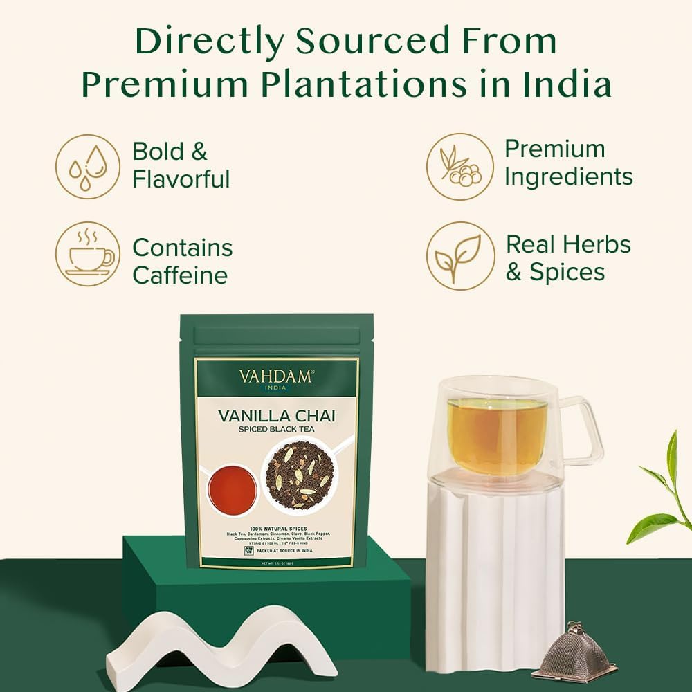 Detalle de VAHDAM Vanilla Chai Spiced Black Tea (100 g) – Masala-Chai mit Vanille, Gewürzen & losem Blatttee