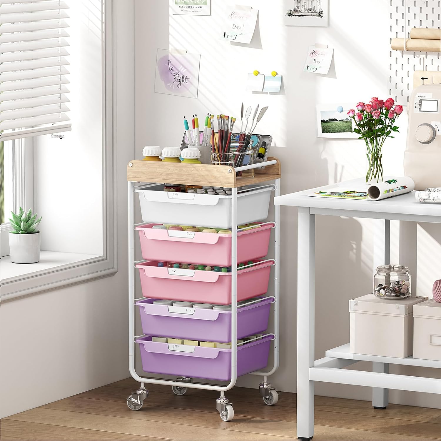 Thumbnail 1 de SYKIARIOL 5-Drawer Rolling Utility Cart with Wooden Tabletop, Purple