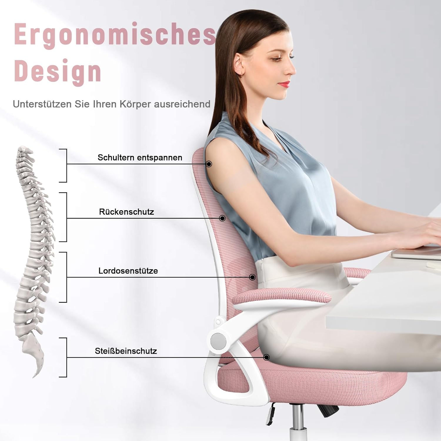Thumbnail 2 de Naspaluro Bürostuhl mit verstellbaren Armlehnen – ergonomisch, Netzrücken, Lordosenstütze, rosa