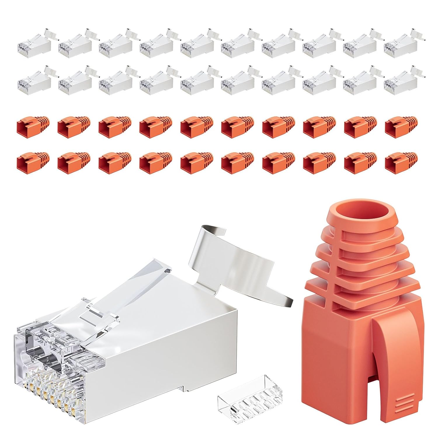 Detalle de iwillink 20x RJ45-Stecker CAT 7 (50 µ) geschirmt, Pass-Through – für Cat 7/Cat 6A, mit Einfädelhilfe & Knickschutz