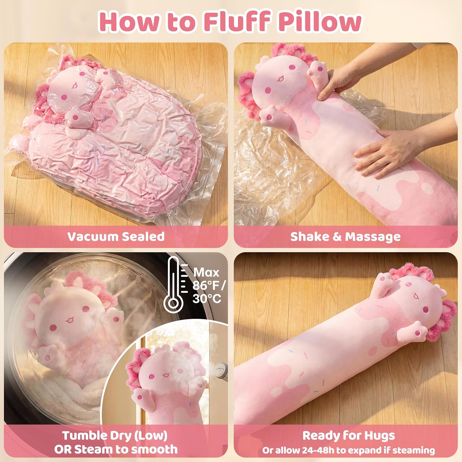 Thumbnail 4 de Mewaii Long Axolotl Plush – 5 Sizes, 120% Extra Filling Giant Body Pillow for Kids, Pink Kawaii Axolotl Stuffed Animal