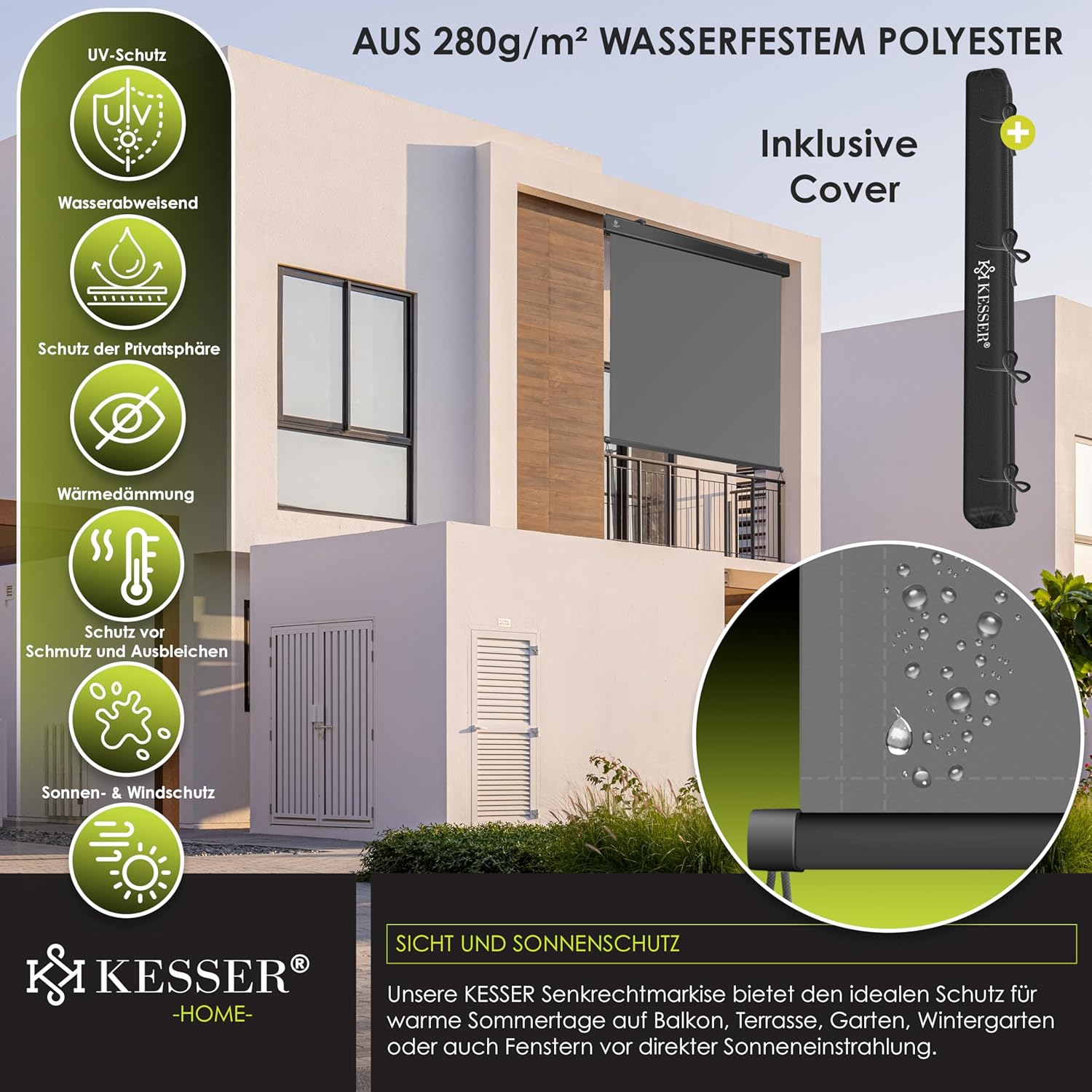 Detalle 2 de KESSER® Senkrechtmarkise 160x250 cm mit Handkurbel – Außenrollo für Balkon, Terrasse & Sichtschutz