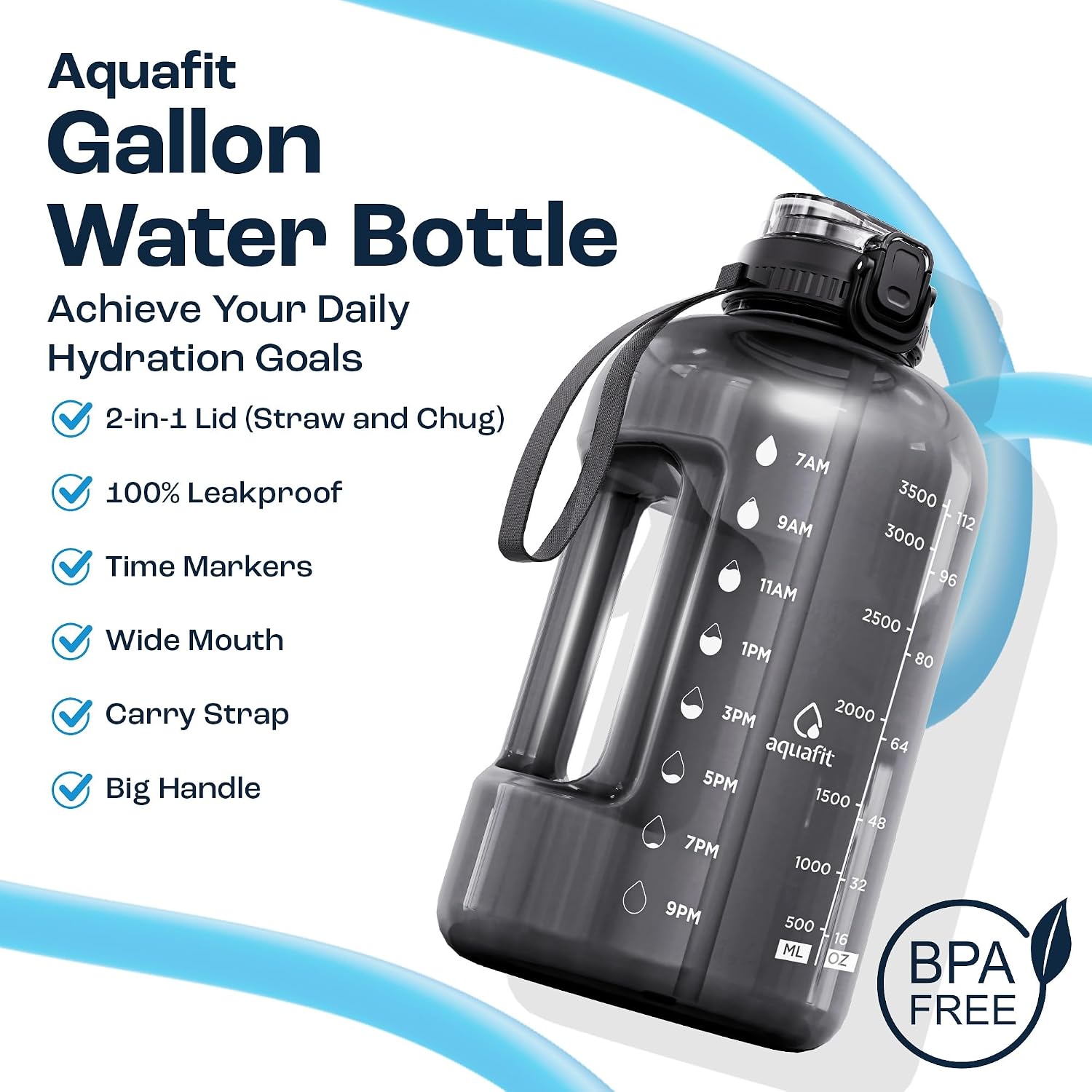 Detalle de AQUAFIT 1 Gallon Water Bottle (128 oz) with Time Marker, Straw & Chug Lid (BPA-Free, Gray)