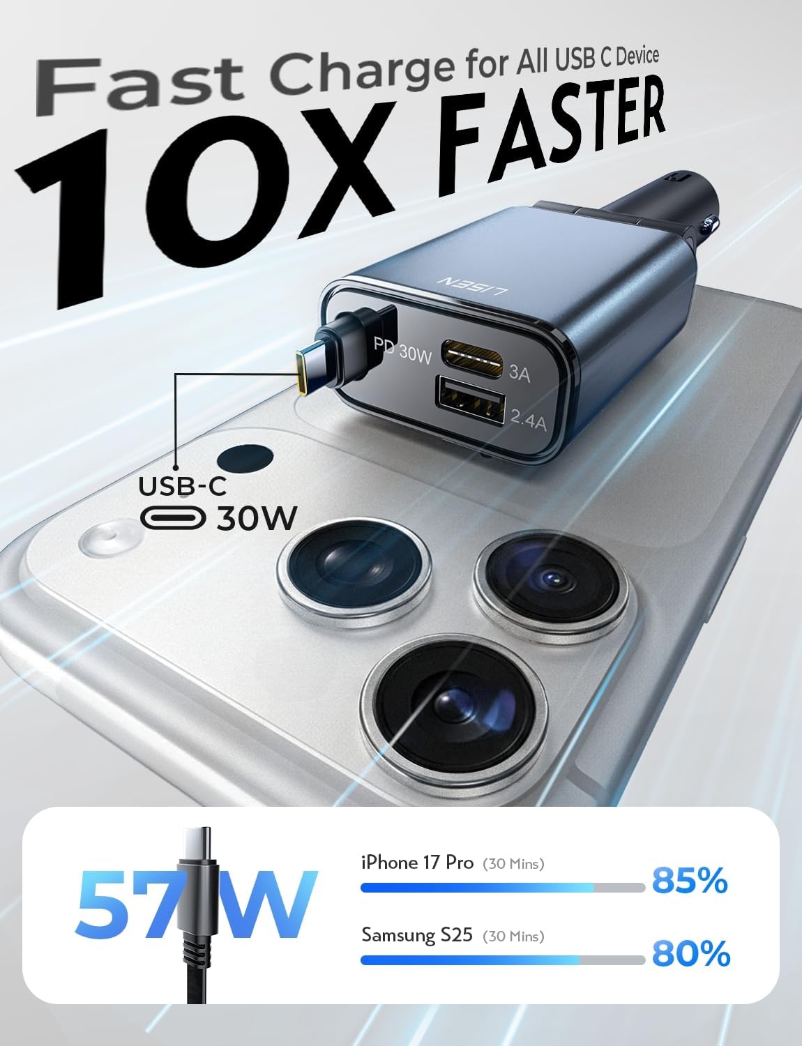 Detalle 2 de LISEN Retractable 57W USB‑C Car Charger