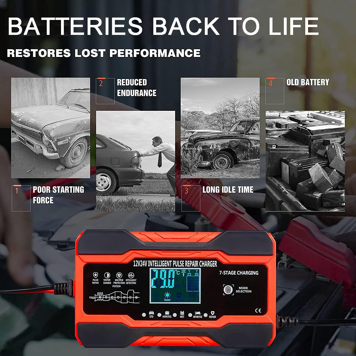 Thumbnail 6 de 10A Autobatterie Ladegerät, 12V/24V Smart vollautomatische Batterie Ladegerät mit 7-Stufiger Ladung und LCD-Bildschirm Batterie Ladegerät, geeignet für AGM, Wet und Gel-Blei-Säure-Batterien
10A Autobatterie Ladegerät, 12V/24V Smart vollautom…