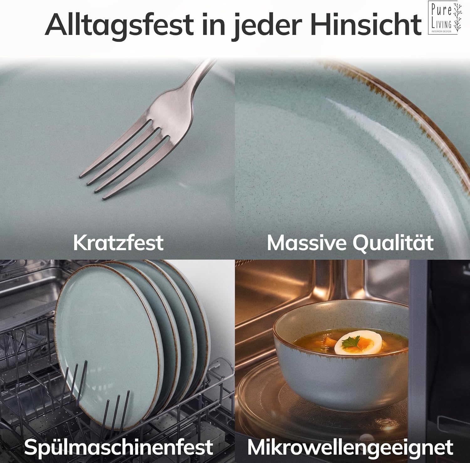 Detalle 2 de Steingut Geschirrset 24-tlg. Rustic für 6 Personen in Rauchblau – TESTSIEGER, Spülmaschinengeeignet