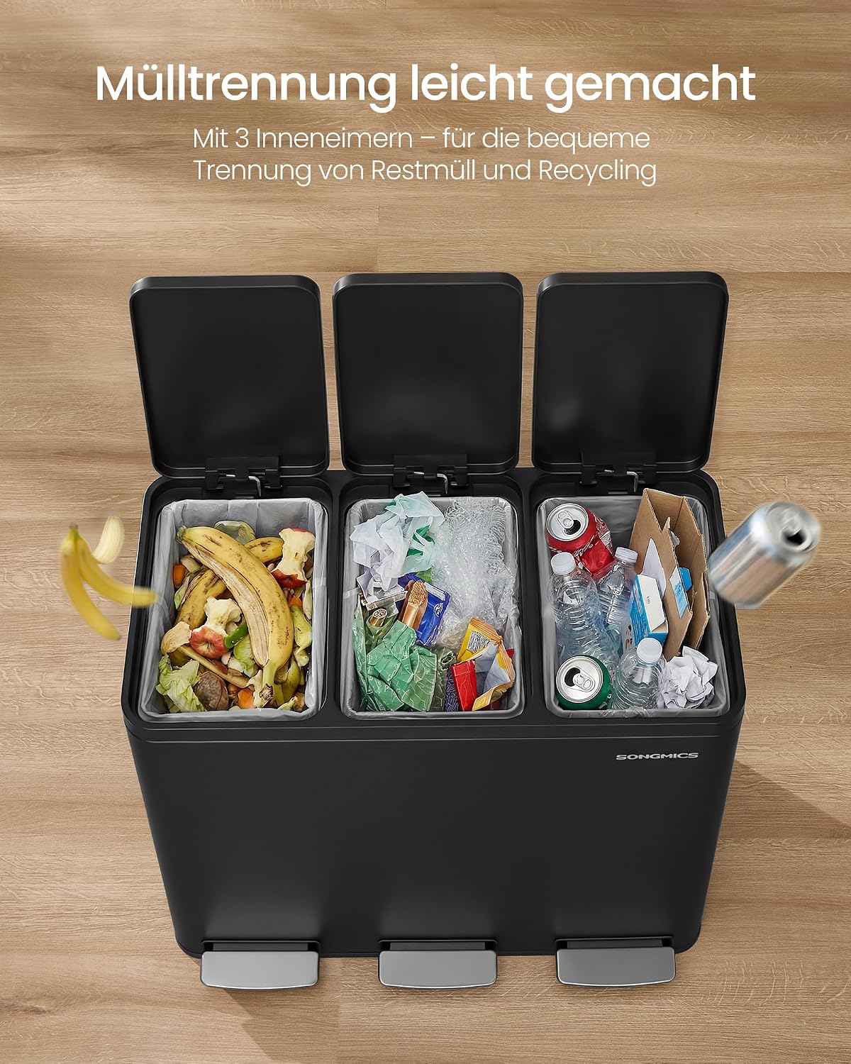 Detalle de SONGMICS Mülleimer Küche, 3 x 18 L – dreiteiliges Mülltrennsystem mit Pedal, Softclose-Lid und herausnehmbaren Inneneimern