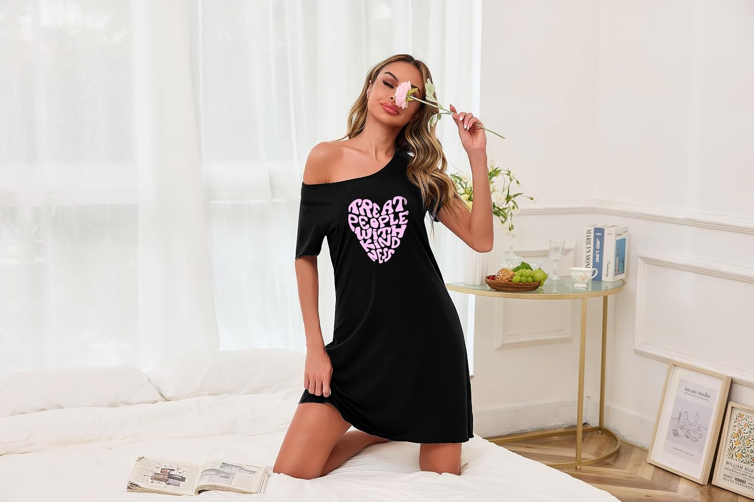 Thumbnail 3 de Demegimi Women's Nightdress Short Sleeve Heart Print Nightshirt