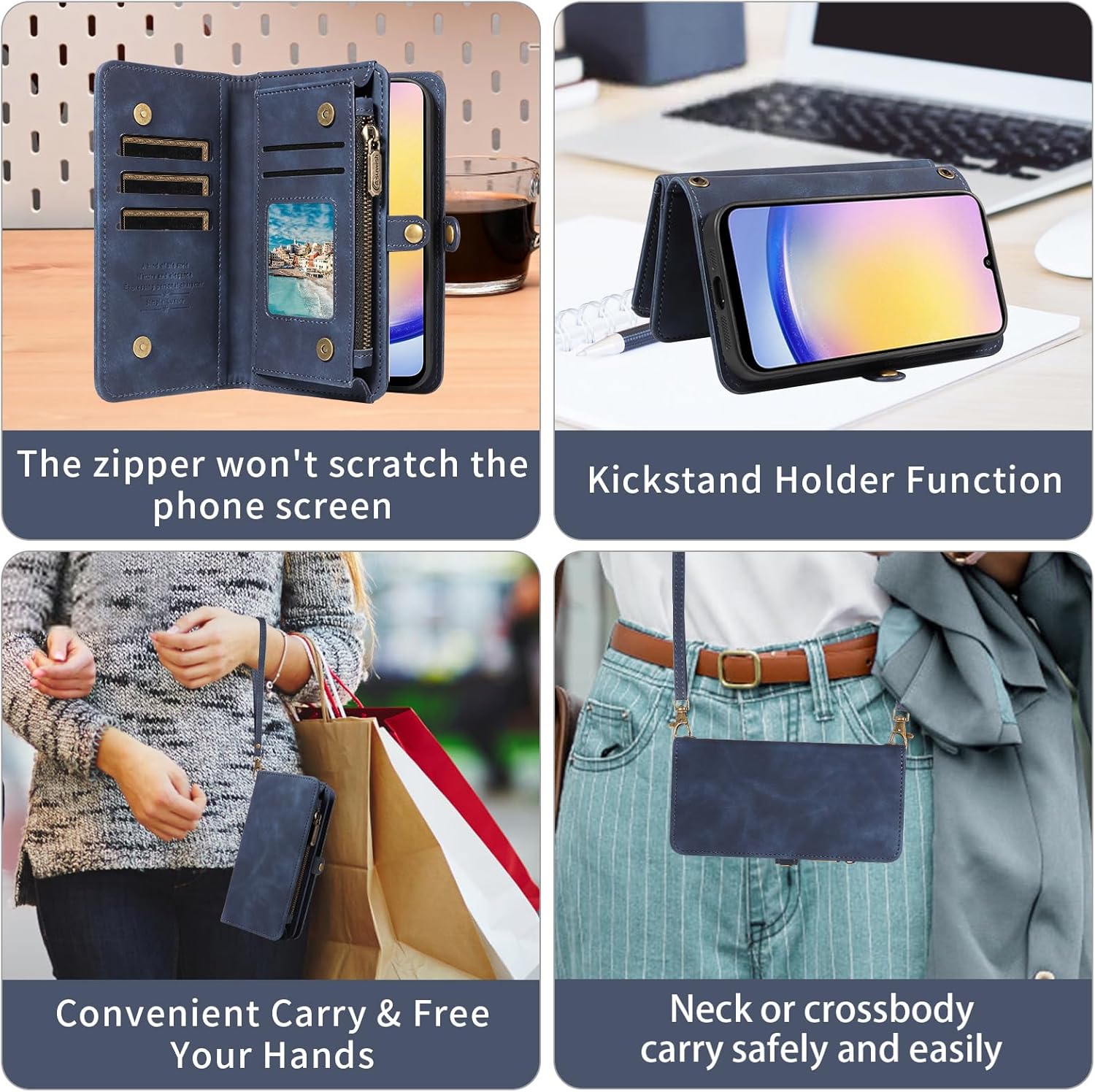Thumbnail 5 de Asuwish Wallet Case with Detachable Straps and Tempered Glass for Samsung Galaxy A25 5G (A25/A24/M34/F34) – Blue