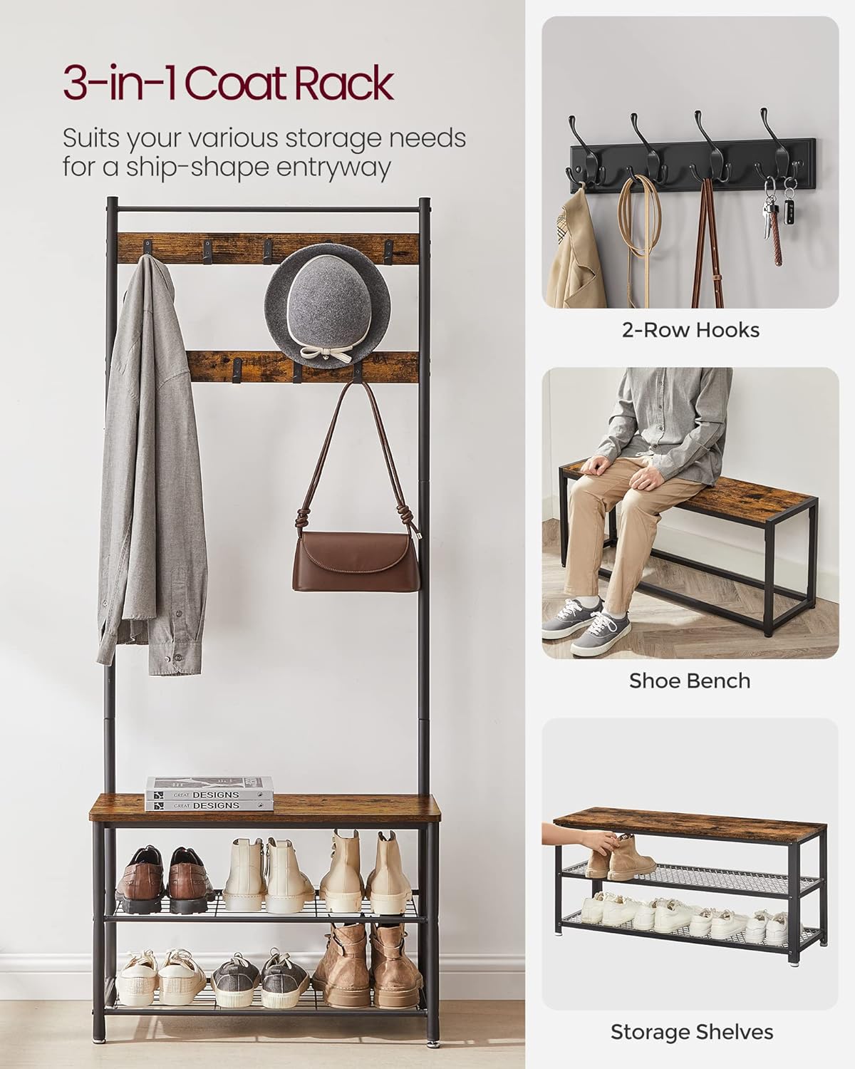 Detalle de VASAGLE UHSR41BX Entryway Coat Rack with Shoe Bench, 9 Hooks